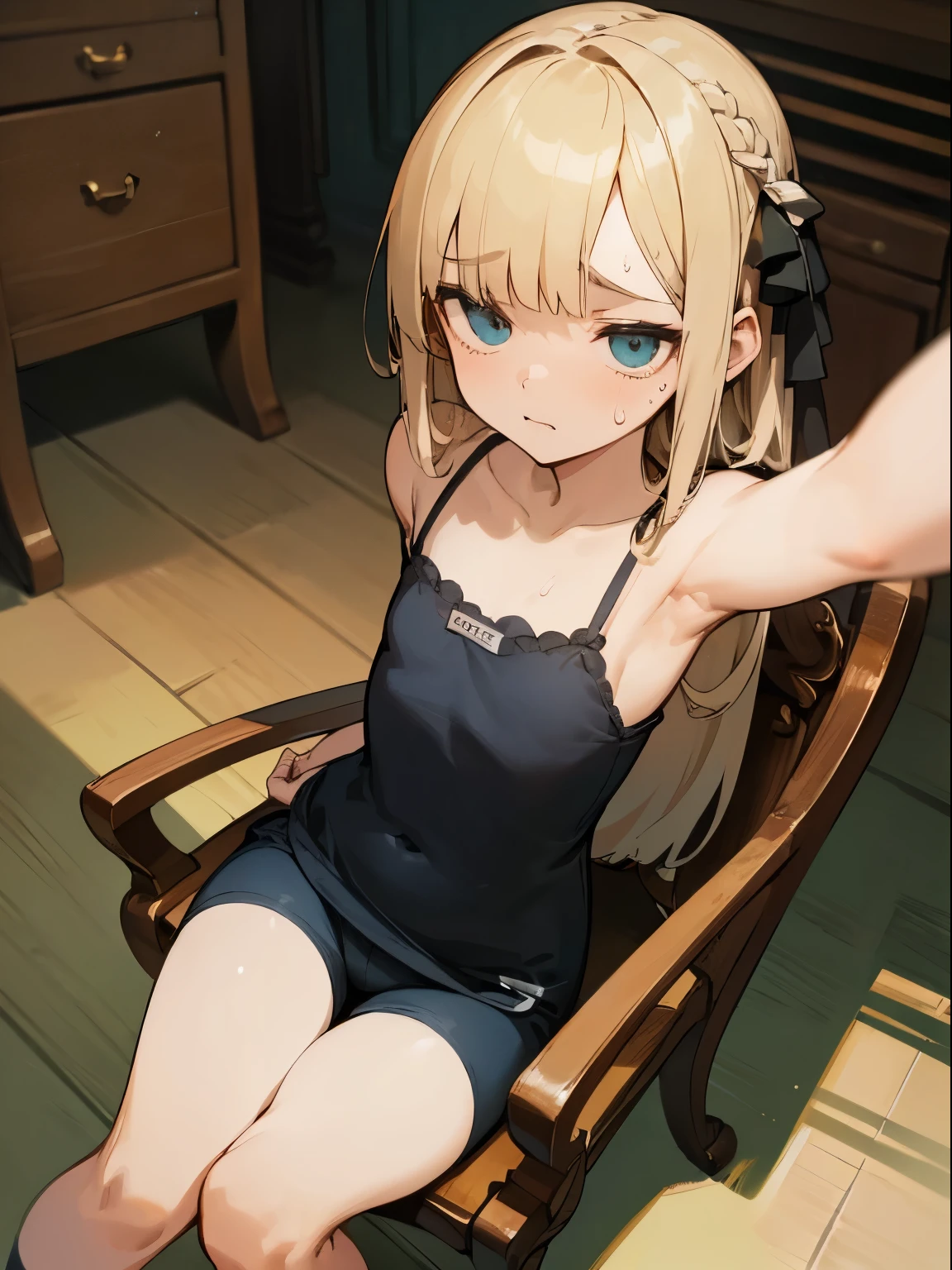 Reines, 1girl, high quality, best quality, illustration, masterpiece, (highly detailed:1.2), (extremely detailed:1.3), flat chest, camisole, ashamed, young girl, shortpants, braid, (children:1.2), slender thighs, (sweaty:1.2), , in a house, sitting on chair, selfie, armpits