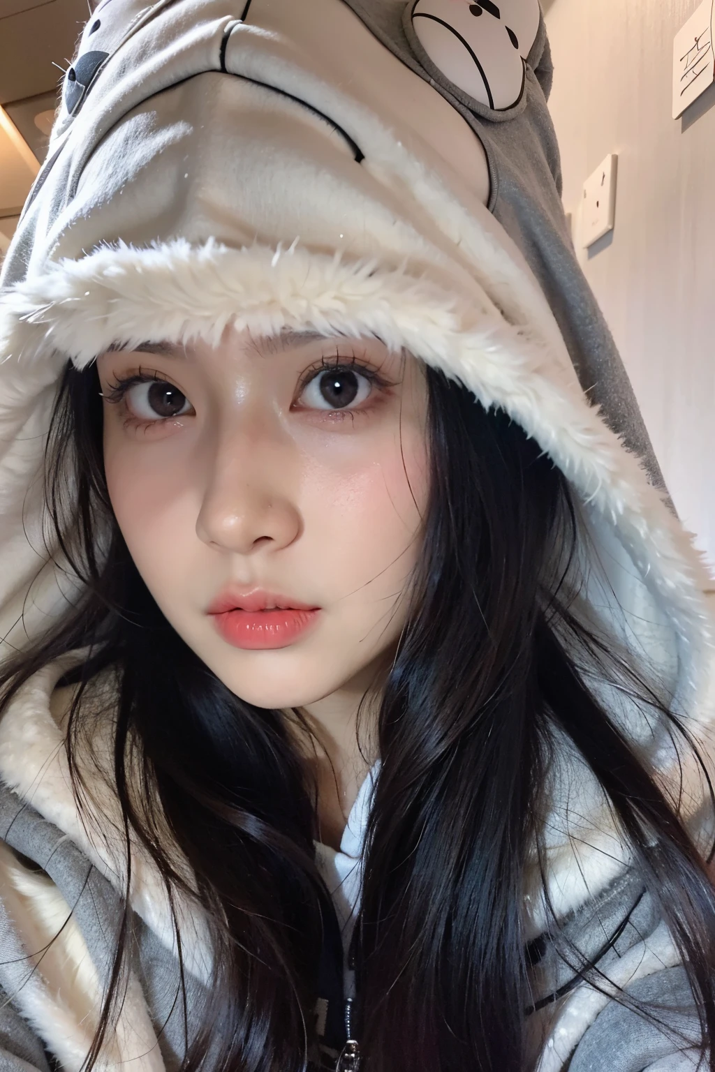 wearing a hoodie、Alafid girl with a chinchilla on her head,Hood with pointed ears,cute korean face,wearing a hoodie的黑发女孩,wearing a hoodie,big black eyes