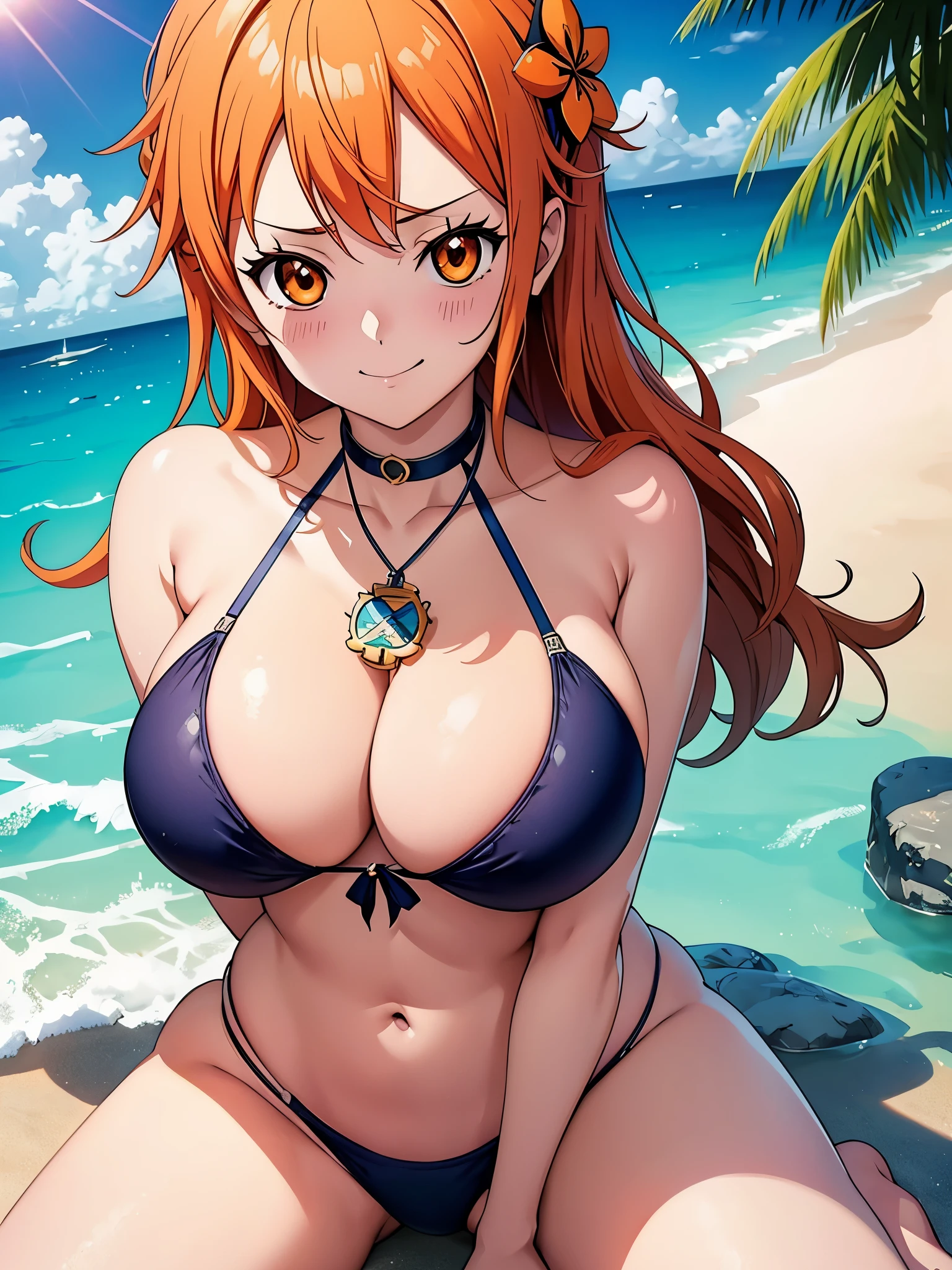 highest quality, 8k, best image quality, anime, comics, one piece, Nami, 1 girl, alone, Upper body, orange hair, long hair, orange eyes, long eyelashes, thick eyelashes, Blue tattoo of tangerine and pinwheel on shoulder, looking at the viewer, smile, white shirt, Highly detailed art buds, Kushart Krenz Key Art Feminine, official artwork, 詳細なanime原画, official artwork, きれいな詳細なanimeアート, 滑らかなanimeCGアート, complete art, Epic light novel art cover, ファインディテールanime, seductive pose, chest enhancement, exposed from below, spread your legs, on the beachビキニを着た女性のcomicsの絵, Kamagurca's photo, pixiv, shin hanga, tits, tits proportions, biomechanical tits, きれいな詳細なanimeアート, swimsuit, 滑らかなanimeCGアート, on the beach, | ファインディテールanime, highly detailed art germ, on the beach, realistic bikini, hands are head, show your armpits,