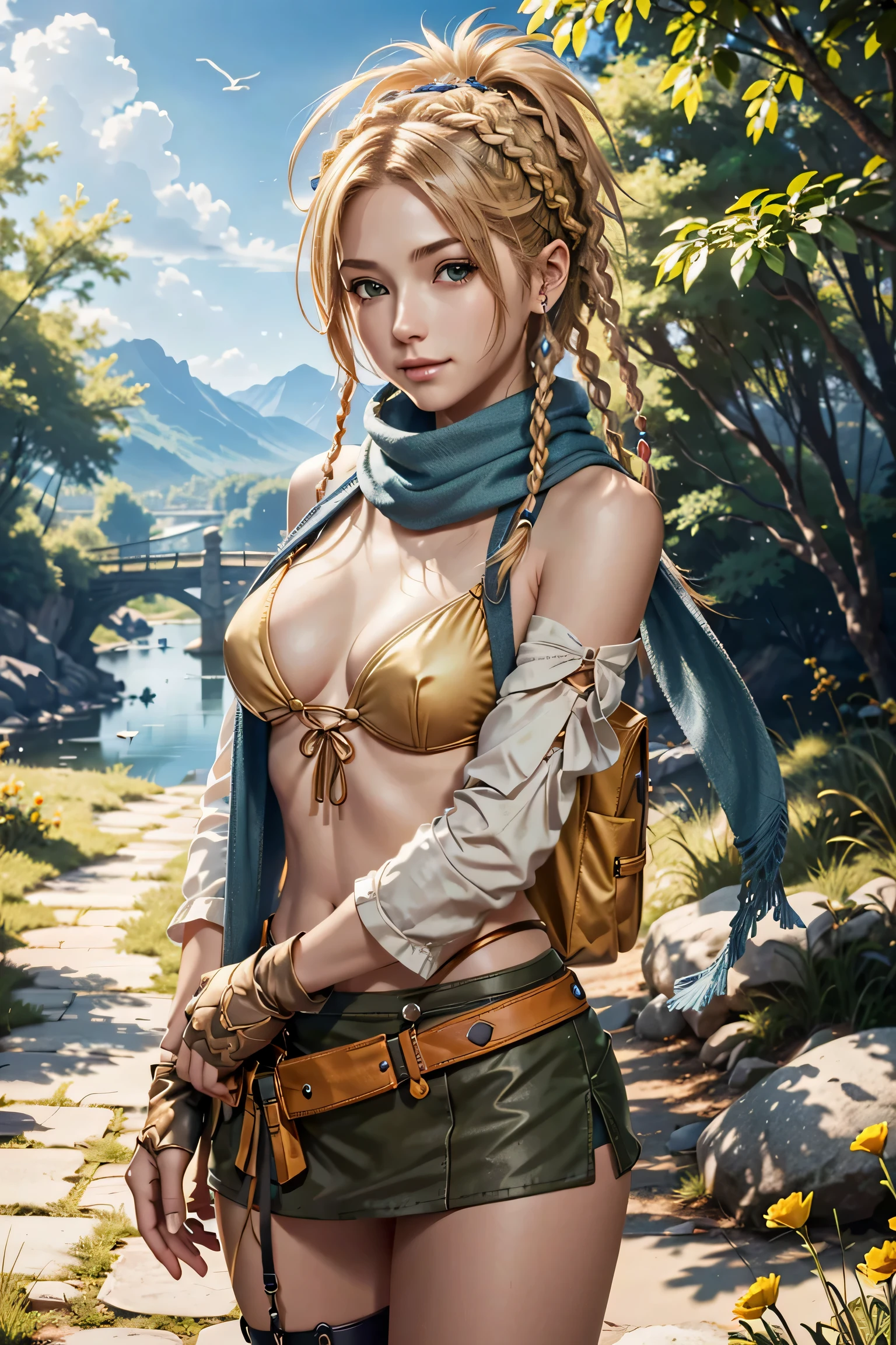 (masterpiece, highest quality:1.3)
backpack ff10,  1 girl, alone, long hair, chest, skirt, blonde hair, hair ornaments, gloves, belly button, green eyes, swimsuit, Braid, bikini, removed sleeve, null, Day, cloud, miniskirt, fingerless gloves, scarf, head band, bird, bikini top only, @_@, yellow bikini, blue head band,super high quality,super high quality,masterpiece,digital single lens reflex,realistic,Detailed details,vivid details,depicted in detail,detailed face,Detailed details,Super detailed,realistic skin texture,based on anatomical basis,perfect anatomy,anatomically correct hand,anatomically correct fingers,Complex 3D rendering,sexy pose,beautiful yellow tulip field,Final Fantasy Worldview,幻想的な朝Day,幻想的な青null,beauty like a painting,smile,enchanting beauty,phantom river,