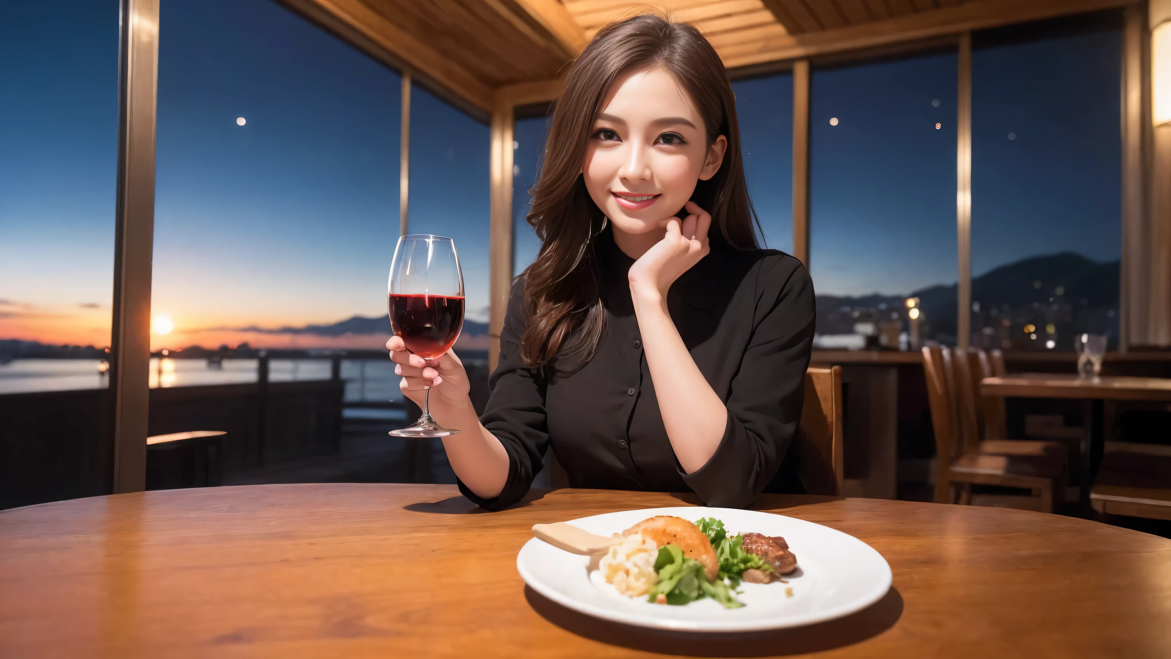 (including 64k, nffsw, highest quality, table top: 1.2), (realistic, photorealistic: 1.37),amazing view of the evening sky, cloud, and rainbow、best scenery、amazing sunset view、 long sleeve shirt、winter fashion、Columbia、Brazilian、Japanese、Dutch、German、Portuguese、Belgian、Italian、French,Champagne、sparkling wine、 (slimフェイス), (slimボティ), (brown hair), (shortcut), neat beauty、cheeks turn a little red, (35 years old), 38 years old, alone, 窓の外には美しく緻密なnight景が広がります., restaurant, wine glassが座っている, nightに, in a prominent place (from the Upper body) nova frog style, actress, model, Upper body, White wine, slim, wine glass, Super Clean night View, wine glass Put in the Middle, Happy smile, (smile: 1.15), beautiful and detailed eyes, Upper body, bust japan up, night, short, short, actress, model, Upper body, White wine, slim, wine glass, Super Clean night View, wine glass Put in the Middle, Happy smile,
