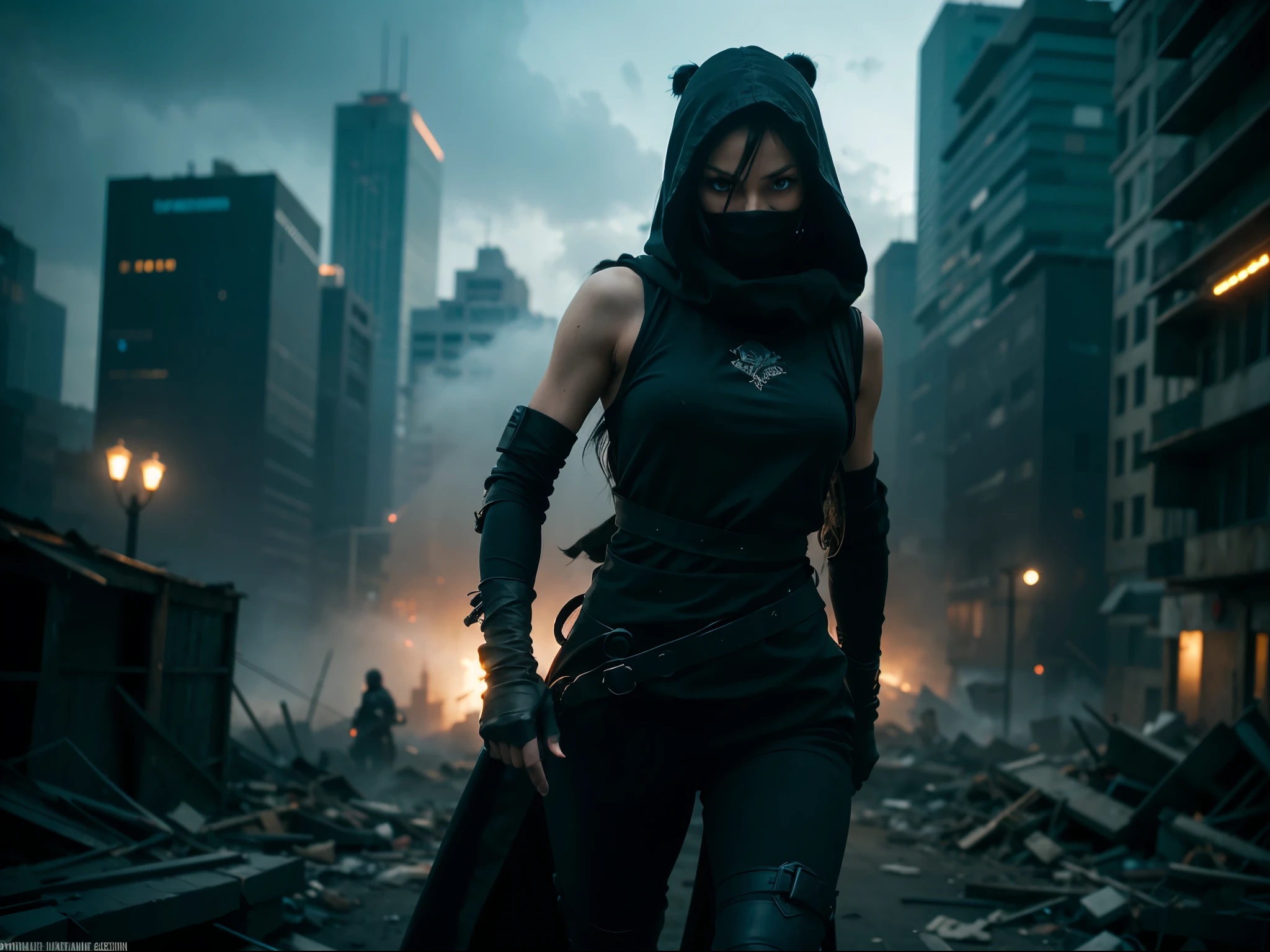 elaborate and intricate post apocalyptic scene with city in ruins. 1girl, black cotton full body ninja clothes, very long black hair. hair over 1 eye, wearing a hood and mask. glowing blue eyes. 2 swords on her back. jumping action shot,  high quality, wallpaper, dynamic pose, cinematic lighting, 8k, 