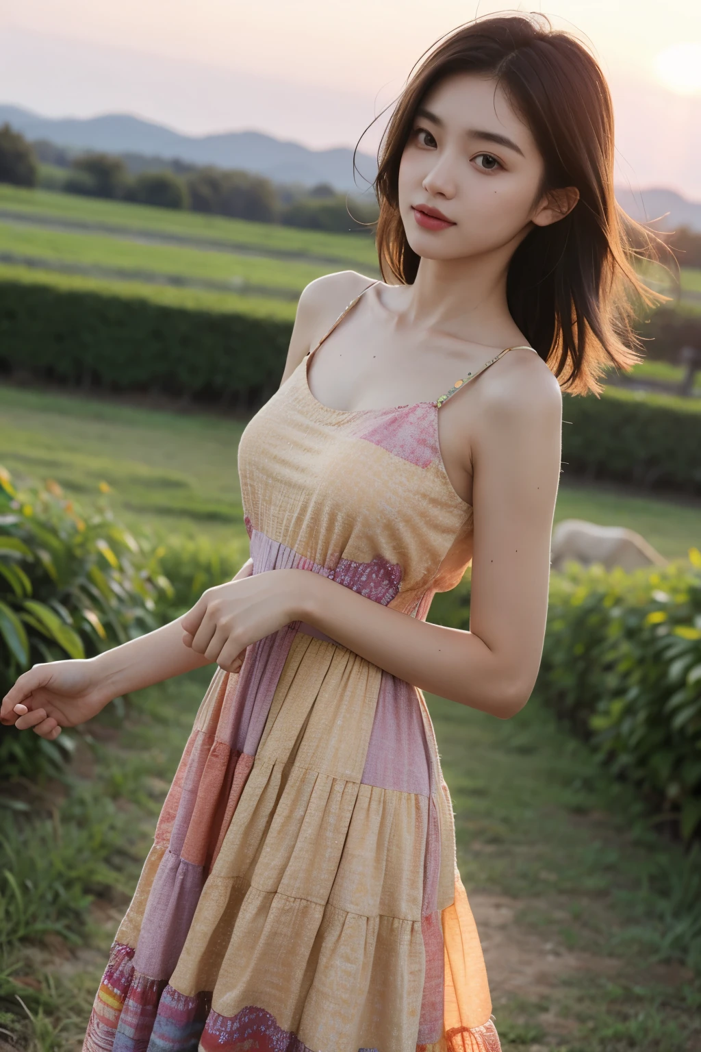 A beautiful girl wearing a multicolored Farmrio style printed dress looking at the sunset