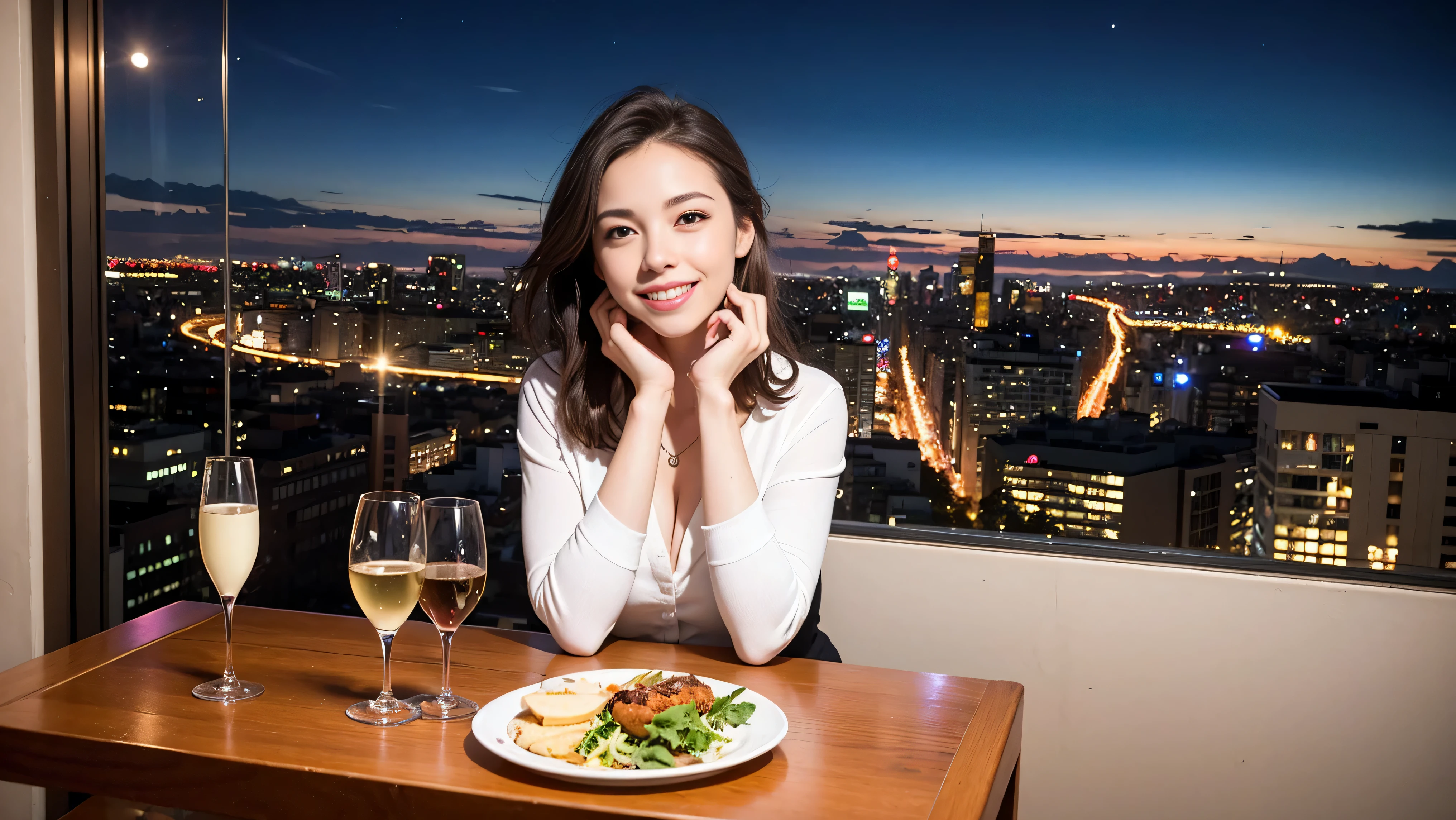 (Realistic:1.1),(masterpiece,Highest quality),8k,(49 years old), 50 years old, slimカップル、Tight waist,Upper Body,full-course dinner、wine 、Amazing view of the sunset sky and clouds、Perfect Anatomy, Brown Hair, short hair,Random Hairstyles,((Highly detailed face and eyes:1.2)),Perfect golden ratio face,Long sleeve shirt、dress,(smile:1.2)、Shortcuts、cute、(Realistic, Intricate details:1.2), A bright smile、short hair,Bright Face、赤wine 、Appetizers、Italian food、wine bottle、Champagne、スパークリングwine、(slimな顔), (The body is slim), (Brown Hair), (Shortcuts), Upper Body, 白wine, slim, wineグラス,
