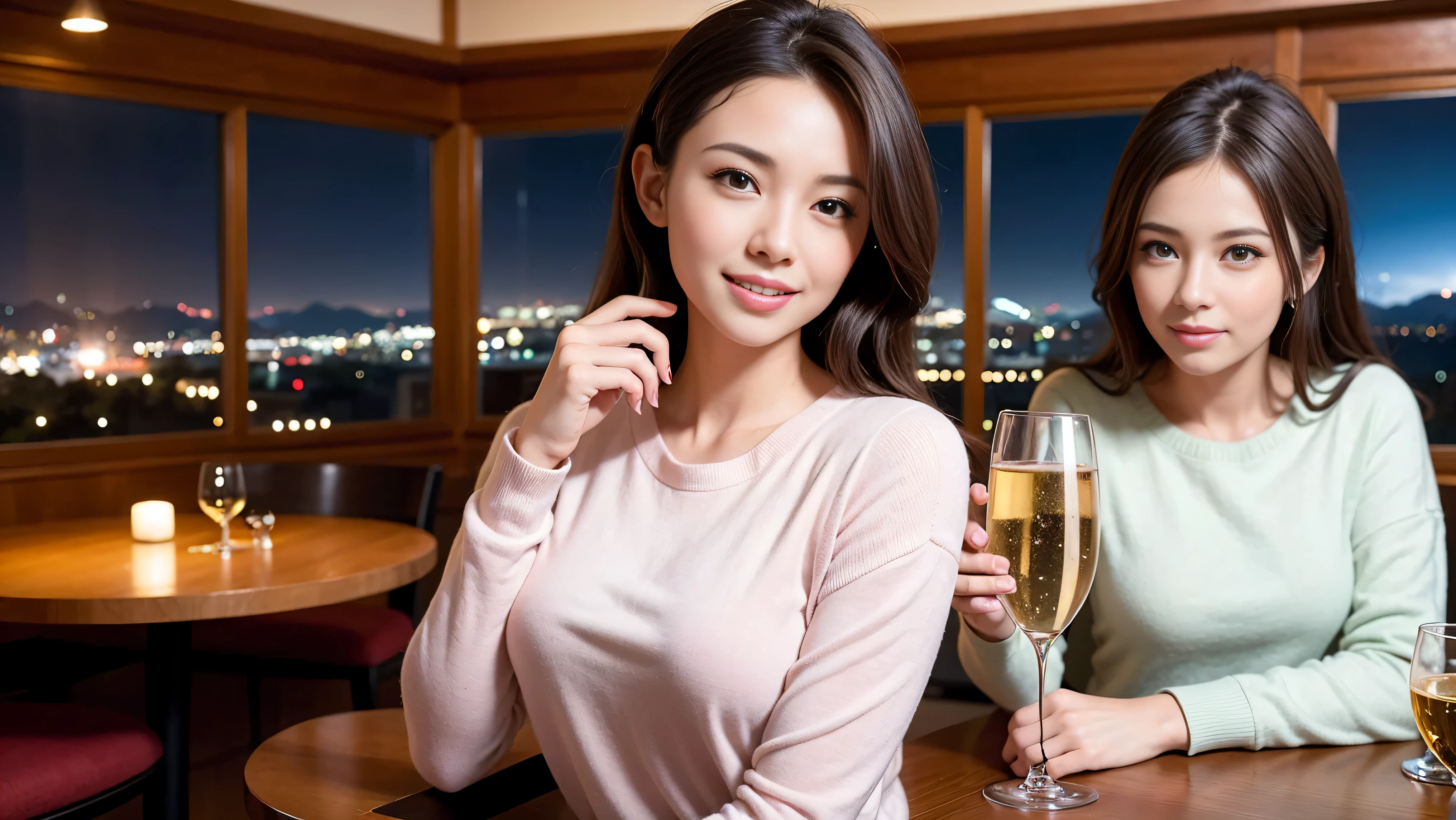 (including 64k, nffsw, highest quality, table top: 1.2), (realistic, photorealistic: 1.37), Spectacular view of the sunset sky and clouds、Amazing mountain views、long sleeve shirt、winter fashion、Columbia、Brazilian、Japanese、Dutch、German、Portuguese、Belgian、Italian、French,Champagne、sparkling wine、 (slimフェイス), (slimボティ), (brown hair), (shortcut), neat beauty、cheeks turn a little red, (35 years old), 38 years old, alone, 窓の外には美しく緻密なnight景が広がります., restaurant, wine glassが座っている, nightに, in a prominent place (from the Upper body) nova frog style, actress, model, Upper body, White wine, slim, wine glass, Super Clean night View, wine glass Put in the Middle, Happy smile, (smile: 1.15), beautiful and detailed eyes, Upper body, bust japan up, night, short, short, actress, model, Upper body, White wine, slim, wine glass, Super Clean night View, wine glass Put in the Middle, Happy smile,
