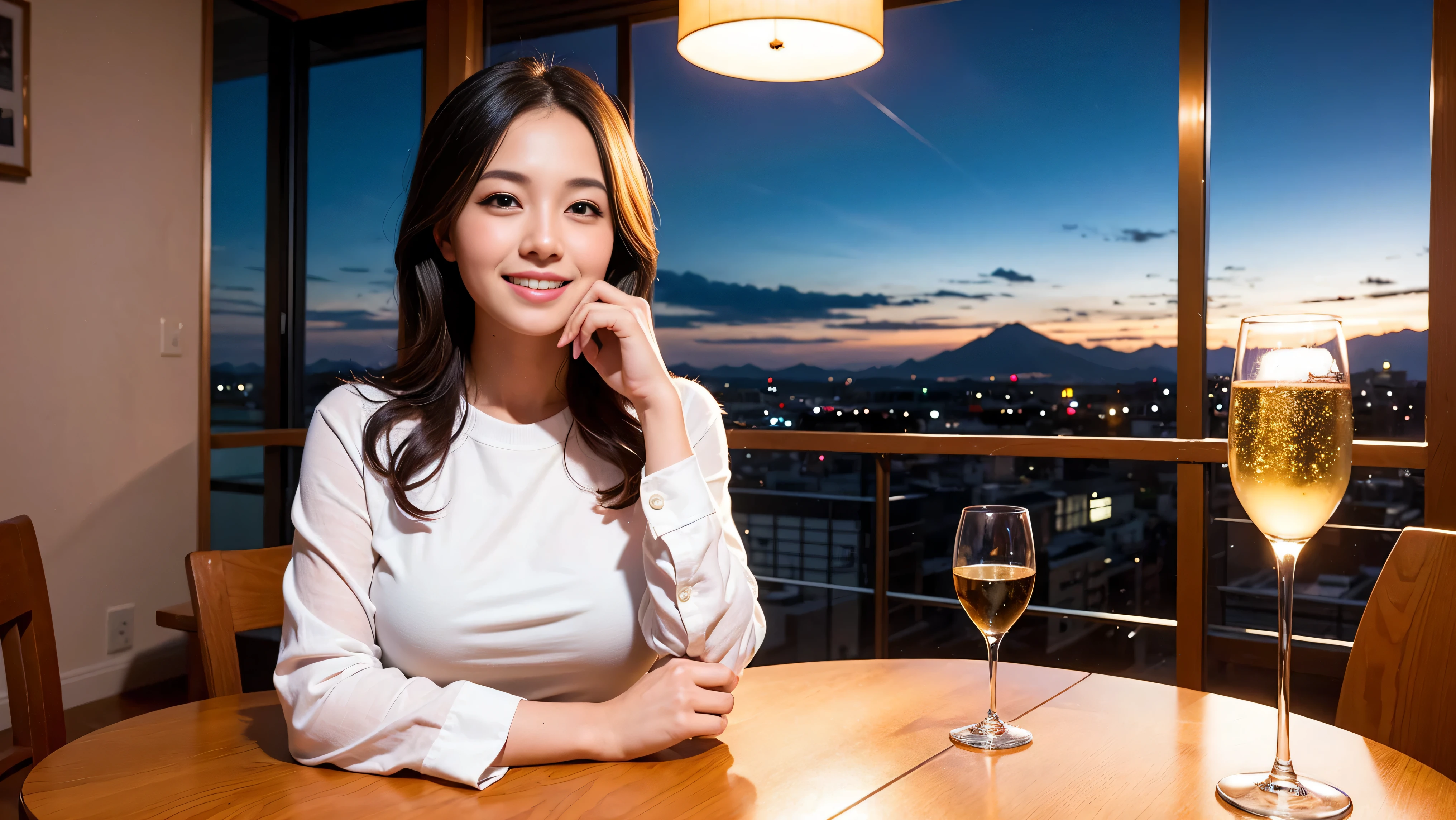 (including 64k, nffsw, highest quality, table top: 1.2), (realistic, photorealistic: 1.37), Spectacular view of the sunset sky and clouds、Amazing mountain views、long sleeve shirt、winter fashion、Columbia、Brazilian、Japanese、Dutch、German、Portuguese、Belgian、Italian、French,Champagne、sparkling wine、 (slimフェイス), (slimボティ), (brown hair), (shortcut), neat beauty、cheeks turn a little red, (35 years old), 38 years old, alone, 窓の外には美しく緻密なnight景が広がります., restaurant, wine glassが座っている, nightに, in a prominent place (from the Upper body) nova frog style, actress, model, Upper body, White wine, slim, wine glass, Super Clean night View, wine glass Put in the Middle, Happy smile, (smile: 1.15), beautiful and detailed eyes, Upper body, bust japan up, night, short, short, actress, model, Upper body, White wine, slim, wine glass, Super Clean night View, wine glass Put in the Middle, Happy smile,