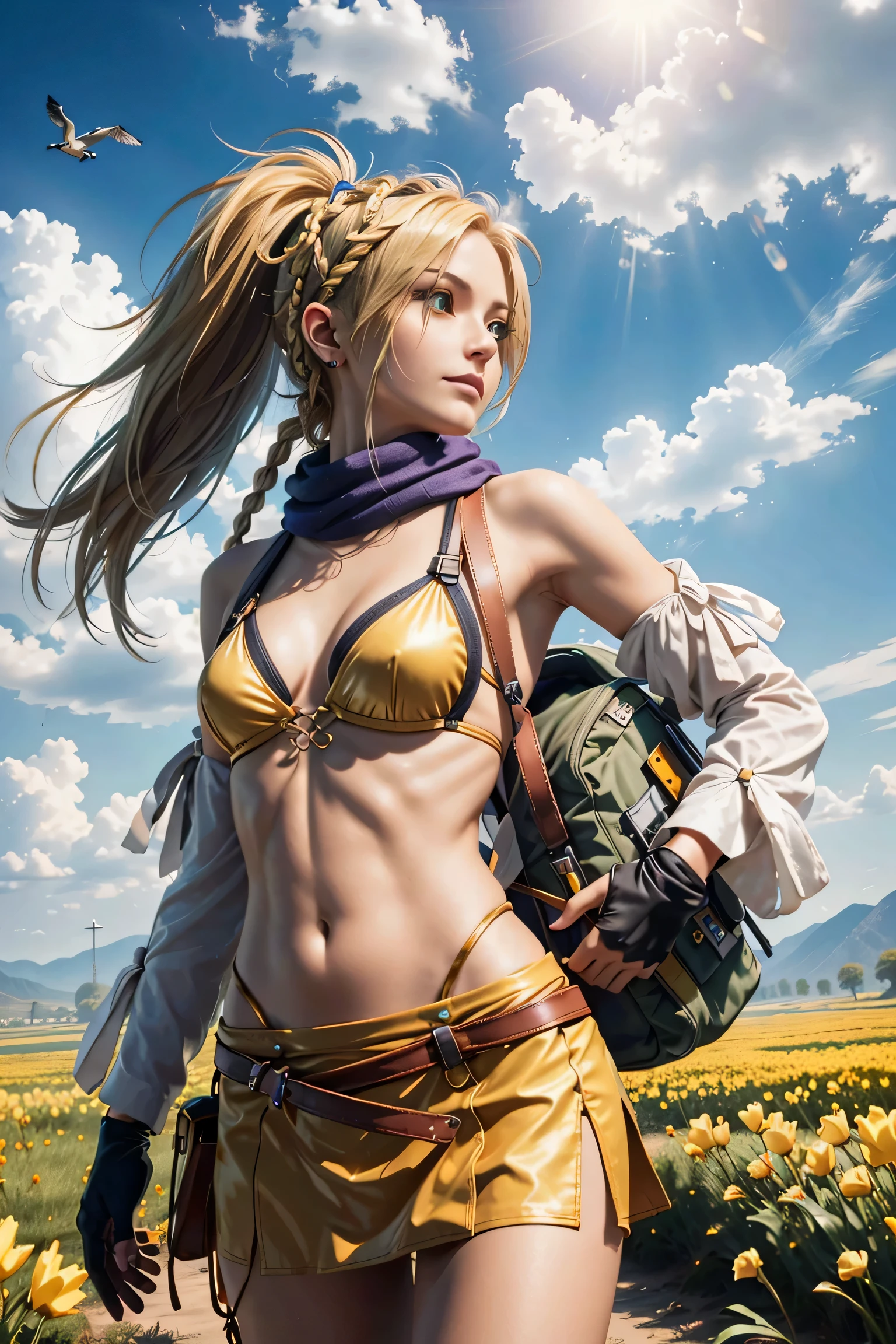 (masterpiece, highest quality:1.3)
backpack ff10,  1 girl, alone, long hair, chest, skirt, blonde hair, hair ornaments, gloves, belly button, green eyes, swimsuit, Braid, bikini, removed sleeve, null, Day, cloud, miniskirt, fingerless gloves, scarf, head band, bird, bikini top only, @_@, yellow bikini, blue head band,super high quality,super high quality,masterpiece,digital single lens reflex,realistic,Detailed details,vivid details,depicted in detail,detailed face,Detailed details,Super detailed,realistic skin texture,based on anatomical basis,perfect anatomy,anatomically correct hand,anatomically correct fingers,Complex 3D rendering,sexy pose,beautiful yellow tulip field,Final Fantasy Worldview,幻想的な夕Day,幻想的な夕Day,beauty like a painting,smile,enchanting beauty,phantom river,