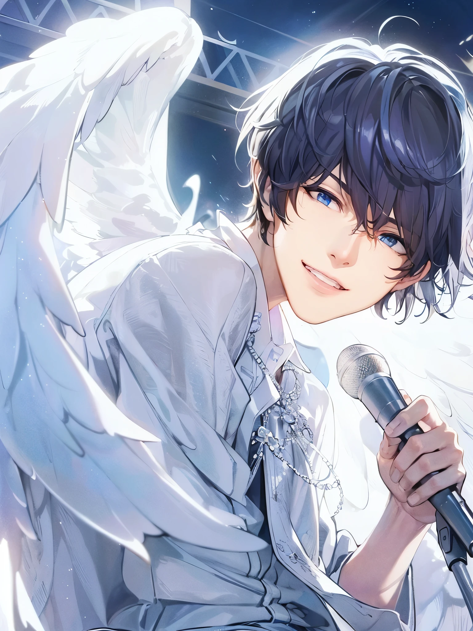 a handsome guy、serious expression、please close your mouth、Angel's wing、Holding a microphone and singing、Highly Detailed CG Unity 8K Wallpaper, (super masterpiece, beautiful person, well detailed face polluted smile, It's photorealistic, hyper realistic)