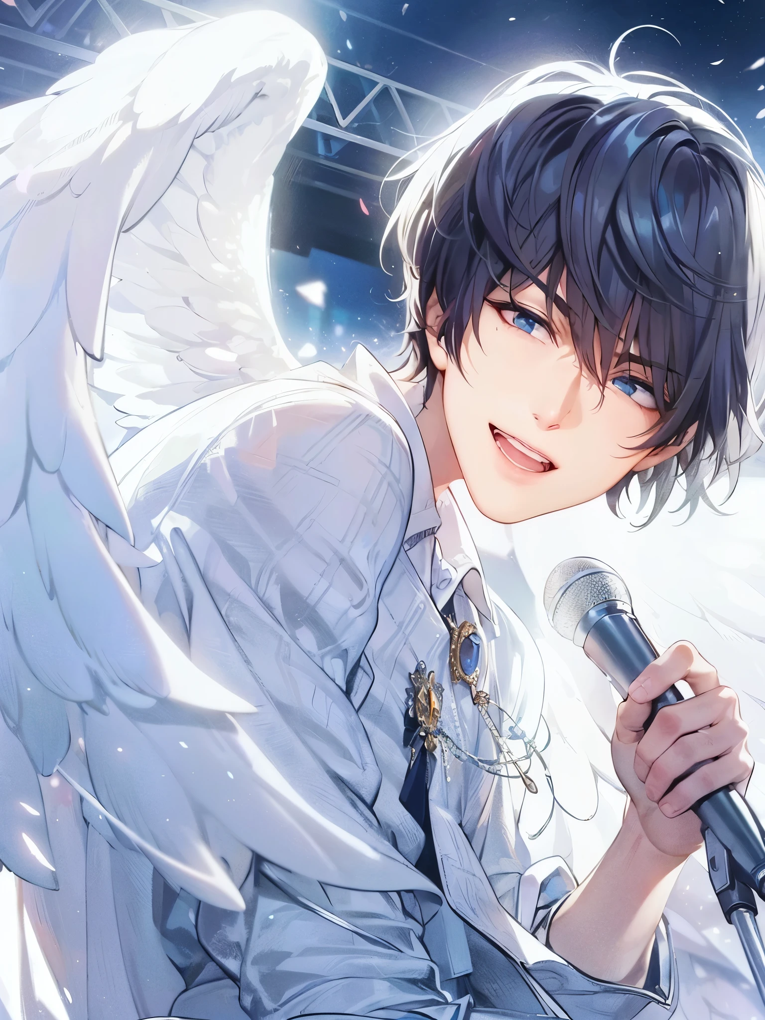 a handsome guy、serious expression、please close your mouth、Angel's wing、Holding a microphone and singing、Highly Detailed CG Unity 8K Wallpaper, (super masterpiece, beautiful person, well detailed face polluted smile, It's photorealistic, hyper realistic)