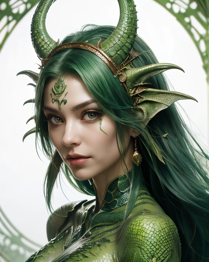 a close up of a woman in a green costume with a dragon on her head, hot reptile humanoid woman, yoshitakka amano karol bak, snake dragon hybrid, green skin with scales,female dragon head,