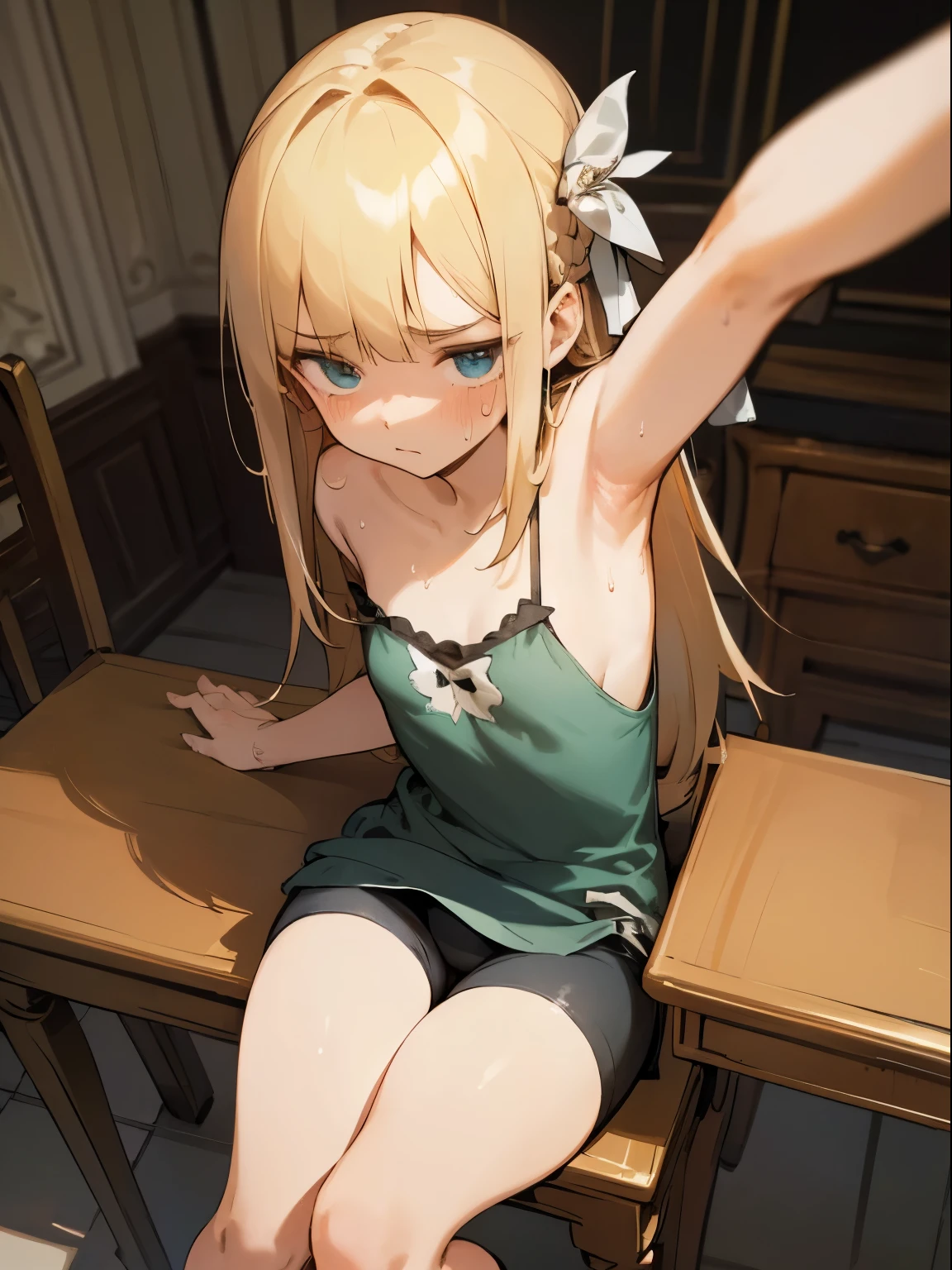 Reines, 1girl, high quality, best quality, illustration, masterpiece, (highly detailed:1.2), (extremely detailed:1.3), flat chest, camisole, ashamed, young girl, shortpants, braid, (children:1.2), slender thighs, (sweaty:1.2), , in a house, sitting on chair, selfie, armpits, smelly