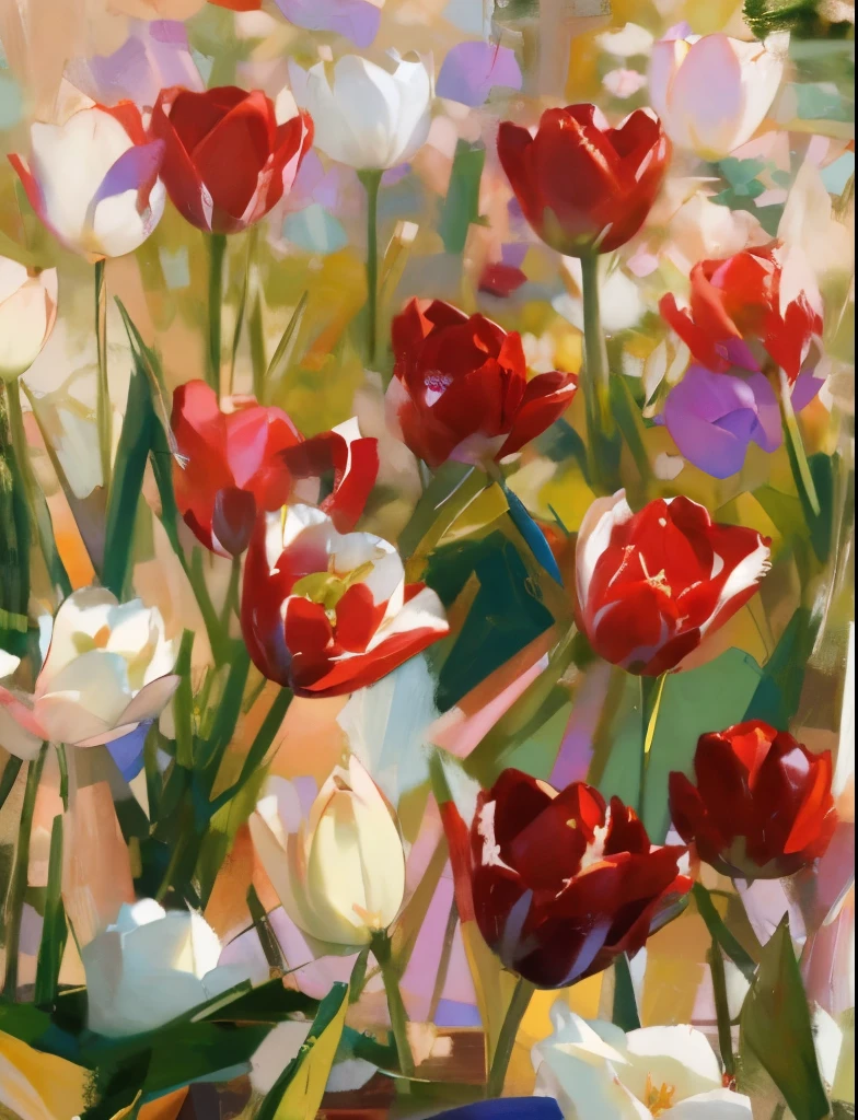 There are many flowers of different colors in the garden, red and white flowers, tulips, tulip, flowers bloom, lively, Very ornamental, its beauty is astonishing, blooming flowers, red and white colors, Vivid and detailed, red and white, stunning lines, Vibrant and vivid, painting, brush strokes,Impressionism,pleasant environment, red blooming flowers, close-up photo