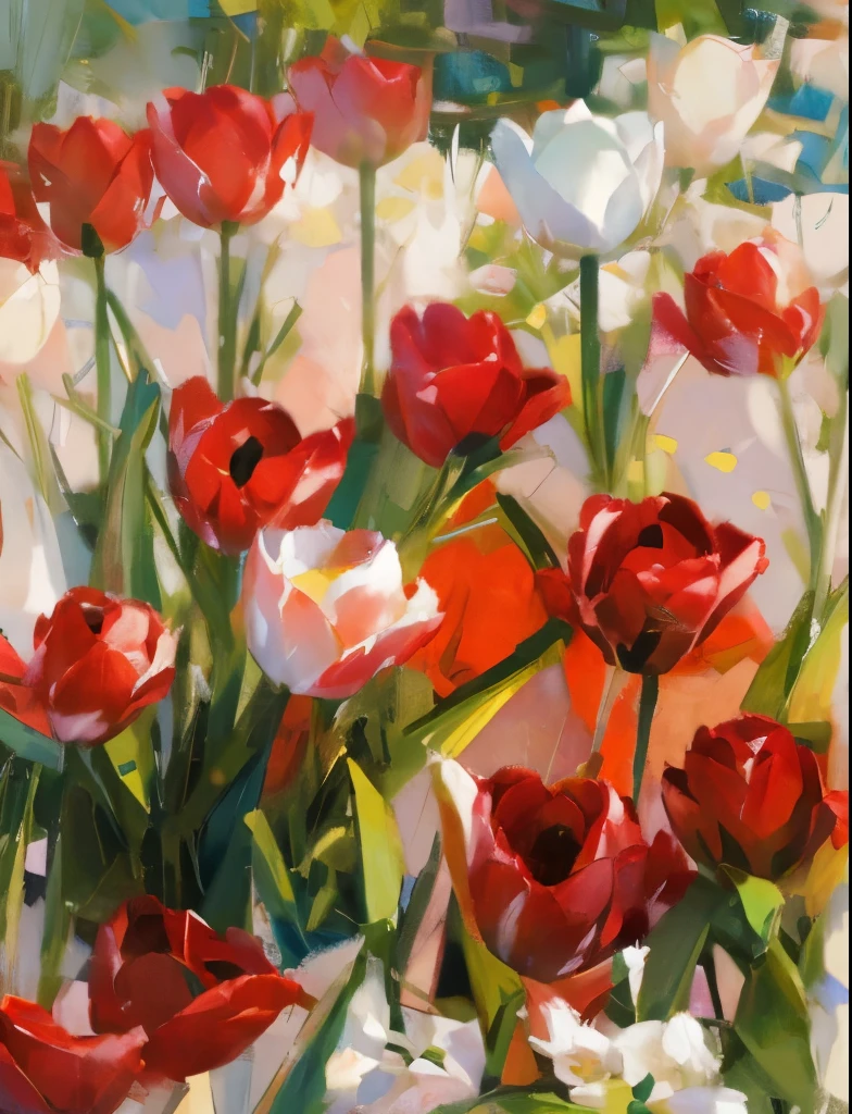 There are many flowers of different colors in the garden, red and white flowers, tulips, tulip, flowers bloom, lively, Very ornamental, its beauty is astonishing, blooming flowers, red and white colors, Vivid and detailed, red and white, stunning lines, Vibrant and vivid, painting, brush strokes,Impressionism,pleasant environment, red blooming flowers, close-up photo