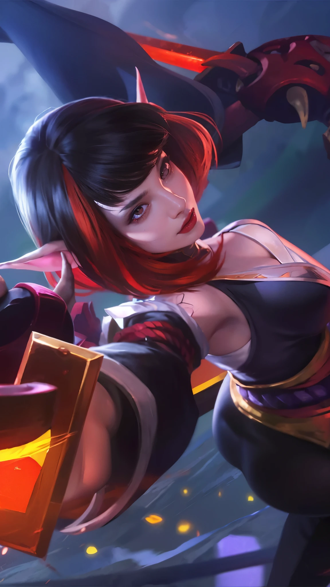 (female:1.2), 8k, ultra hd, ultra detailed texture, hyper realistic, masterpiece, detailed texture, detailed face, detailed skin, detailed lighting, (photorealistic:1.5), best quality, beautiful lighting, cinematic lighting, professional lighting, ultra highres, realistic, detailed hair, real hair, high quality, (realskin:1.5), extremely detailed, finely detail, ultra-detailed, 1girl, solo, elf, pointy ears, standing, demon horns, forehead protector, (red eyes:1.5), v-shapped eyebrow, lips, red lips, evil smile, nose, make up, pretty, beautiful, cute face, long hair, blue hair, high ponytail, large breasts, cleavage, armpit, navel, stomach, black armor, pauldrons, bare shoulders, shoulder armor, thigh high, sleevless, detached sleeves, breastplate, gauntlets, karina \(mobile legends\), depth of field, looking aways, white skin, skin tight, amazing pose, outdoors, glowing, dark view.