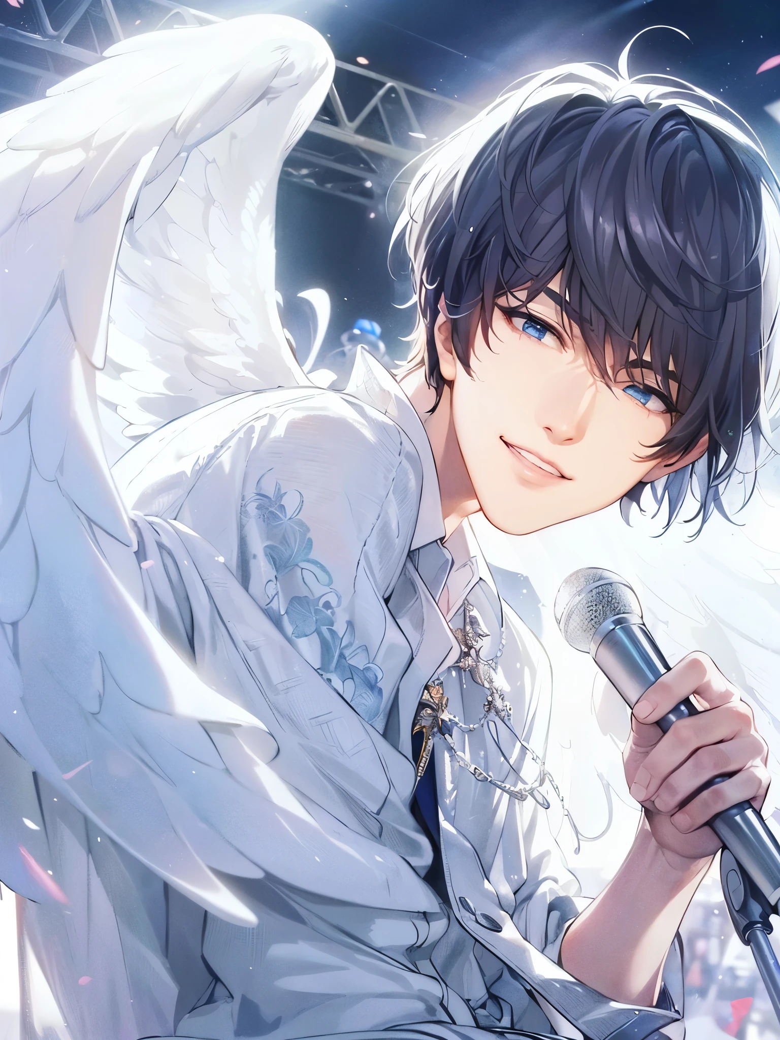 a handsome guy、serious expression、please close your mouth、Angel's wing、Holding a microphone and singing、Highly Detailed CG Unity 8K Wallpaper, (super masterpiece, beautiful person, well detailed face polluted smile, It's photorealistic, hyper realistic)