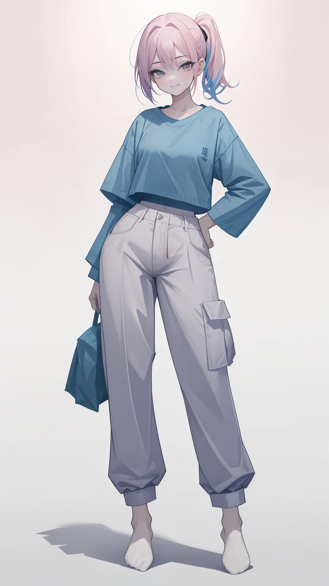 1 girl,short girl,two color hair,pink and light blue hair, Very long double ponytail hairstyle, Wearing a big, baggy shirt,Wearing very sexy pants,no mask,smile kindly