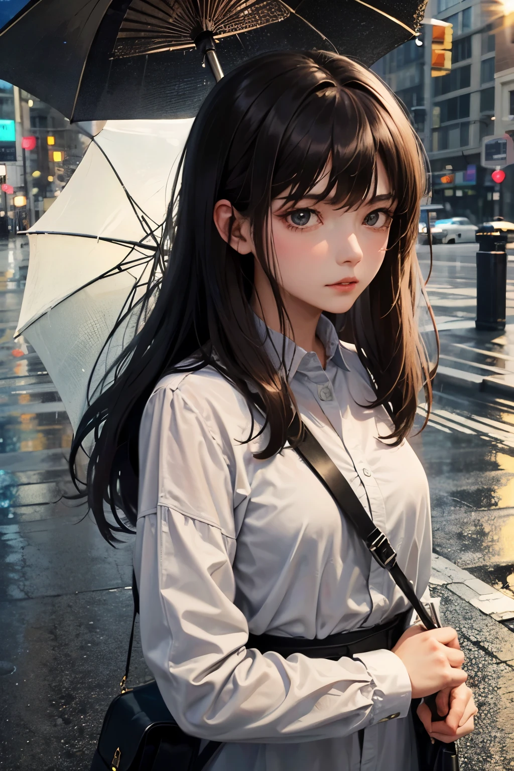 Upper body close-up image。dark brown hair。twenty years old。She is standing on the street corner with an umbrella on a rainy day。He has a sad expression on his face.。masterpiece。
