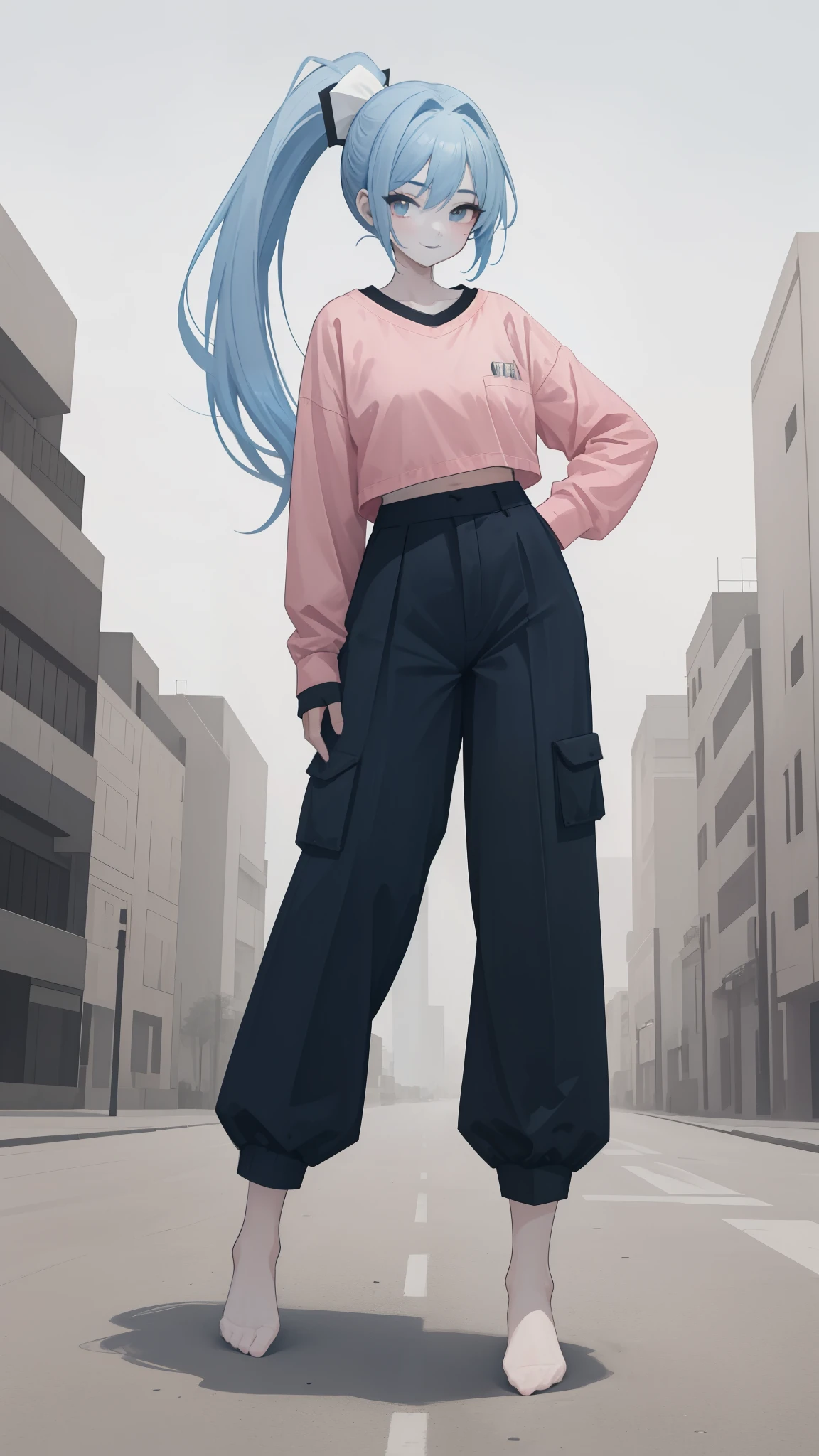 1 girl,short girl,two color hair,pink and light blue hair, Very long double ponytail hairstyle, Wearing a big, baggy shirt,Wearing very sexy pants,no mask,smile kindly