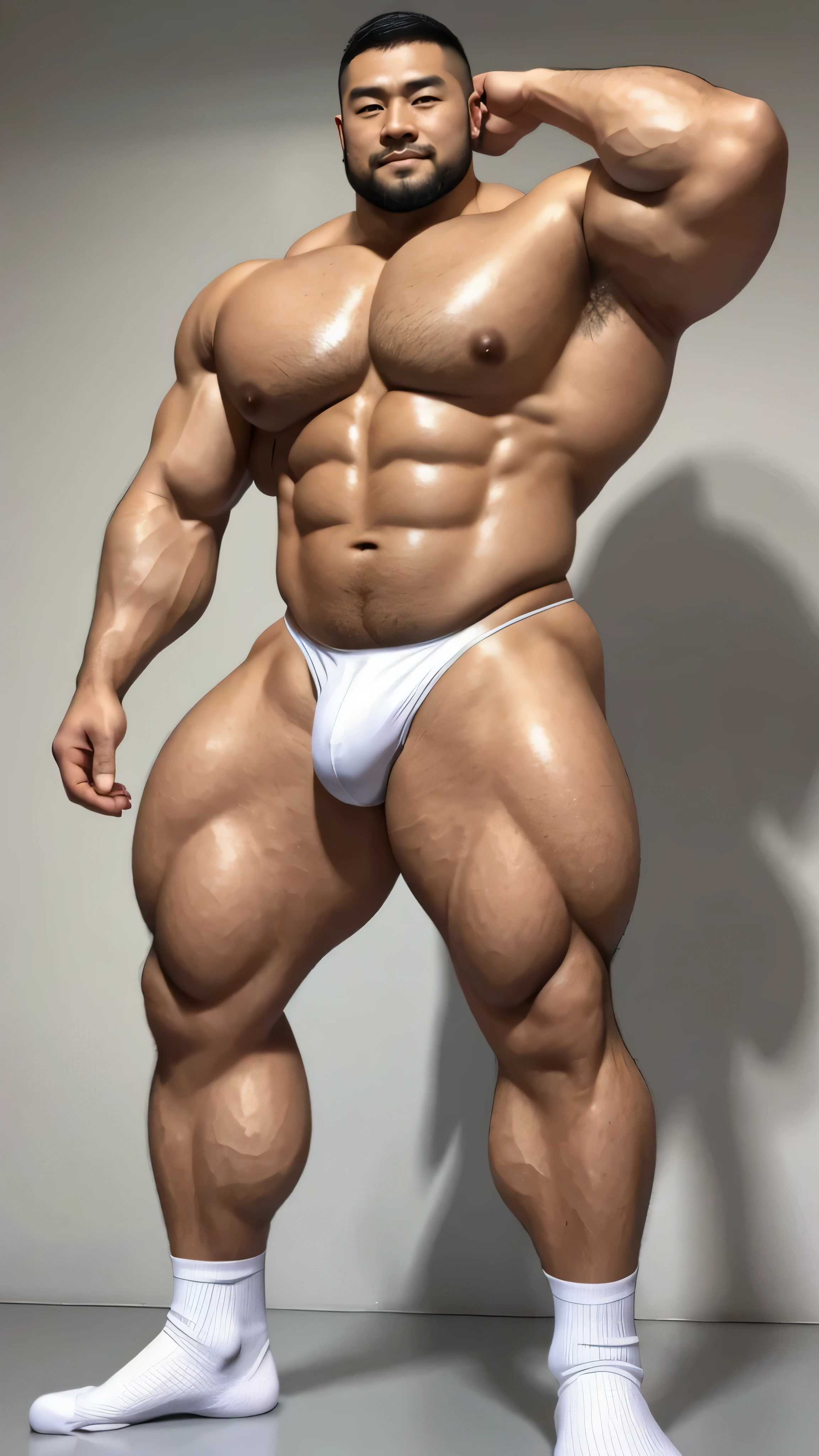 There is only one Chinese bodybuilder in the photo,30 years old,Tall and handsome, toned body,short hair, O-shaped beard,Perfect body, Dark and shiny complexion,Muscle bulge, muscular, Very big pecs,Very sexy abs,Leg muscles are very developed,Huge bumpy area,Brighten oily skin,Wearing a gold leather shiny thong,handsome face, Correct and accurate male body proportions, full-body shot, shiny muscular skin,wear white socks,standing in front of gray background board。
