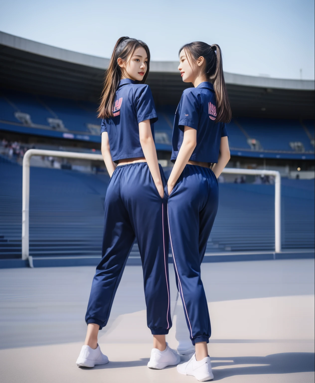 (best quality,10,10,height,Masterpiece:1.2),Special details,(realistic,ภาพrealistic,Realistic photos:1.37),1 cute girl on the football field,Shiny, shiny skin,only,smile softly,BDclothelue shirt:1.3)),short sleeve,shirt, กางเกงขาlong.,(navy_long_track pants:1.1), ((stadium background:1.3)),Dynamic angle,excited,Face focus,dynamic poses,from behind,focus on ass,Masterpiece, best quality, ultra realistic, hyper-detail, 8K resolution, raw photos, sharp focus, ((Navy blue shirt:1.1)), short sleeve, เส้นทางlong, perfect body, 2 mature women, 18 years old, Cinema-grade lighting,blue sweatpants,gym wear,correct ???????,perfect body, correct body, Sharp face, correct bodyทางกายวิภาค, full body, realistic gestures, long-haired, realistic poses,Wear long shorts.................................,ช่วงขาlong,Good shape,sculpted girl, Slender figure, mannequin, Good shape, beautiful body,blue sweatpants, two girls kissing