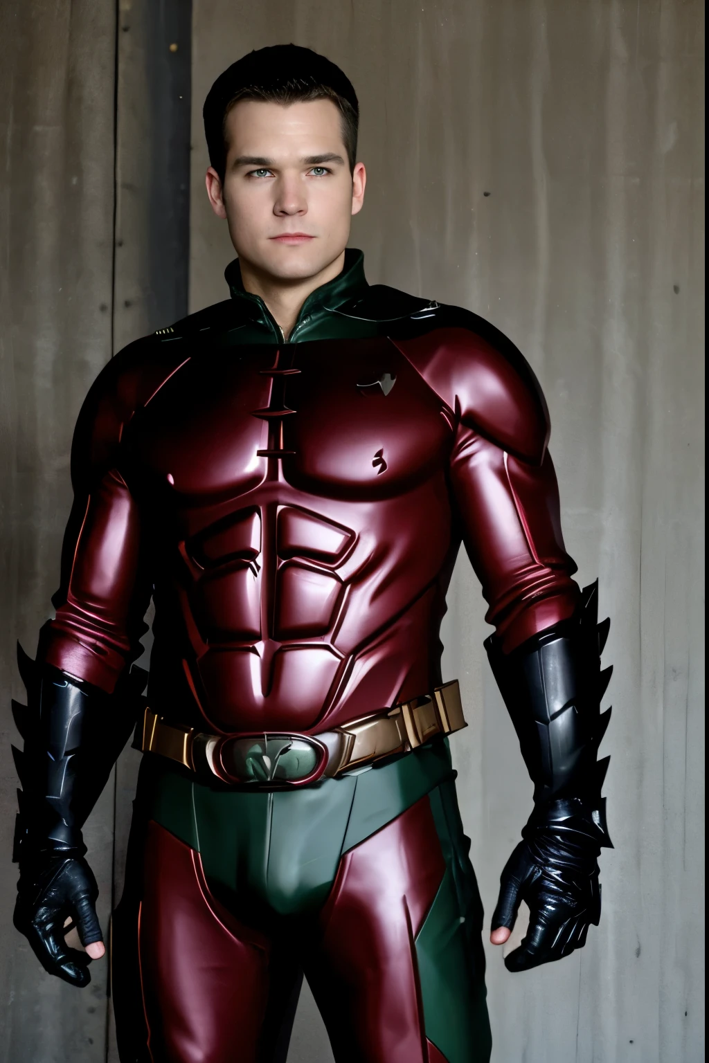 Robin from batman, red leather armored suit, green pants, standing ready for photograph, holiding weapon on right hand, hyper fidelity