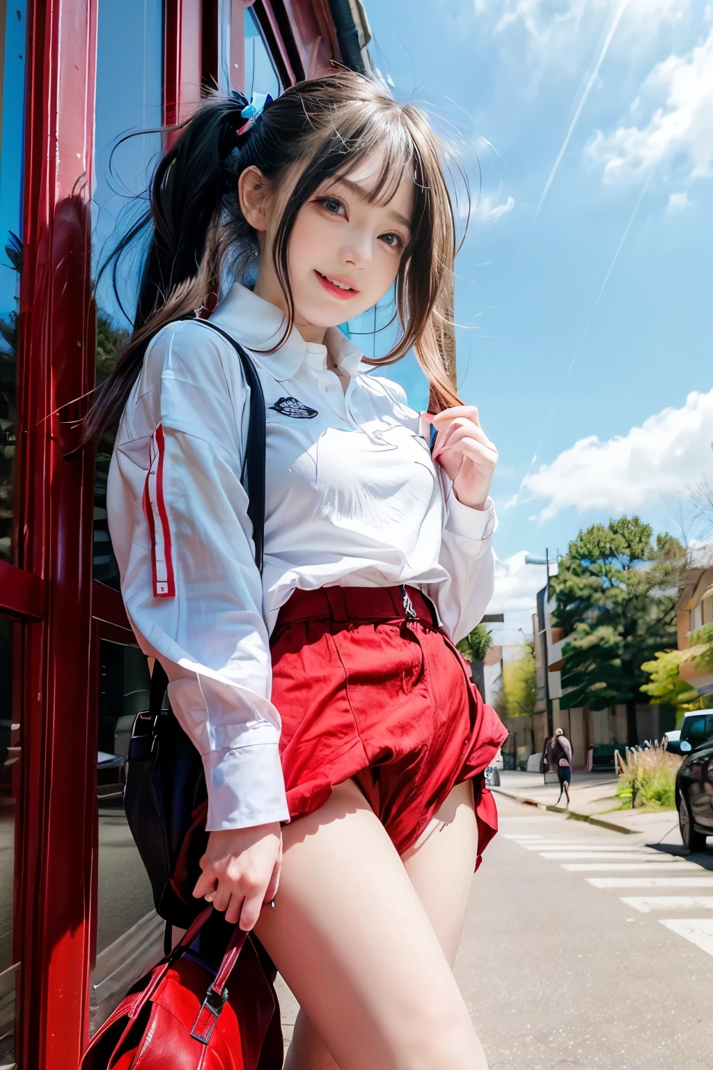 highest quality、High level image quality、high detail、8k、1、very cute、beautiful girl、god々々right、cute like an angel、big eyes、glamorous girl、Fluffy smile、150cm、Jacket White Polo Shirt、red tie、Red hanging skirt、Red Salopette、red suspenders、black haired、Very short birdtail、Very small twintails、the tail is short and small、amount、((flashing pussy, titi))、Carrying a red school bag、red school bag、Put a whistle in your school bag、左手からright手へThe wind is blowing、strong wind is blowing、Likely to be blown away by the wind、the wind is strong、The wind is blowing、skirt fluttering in the wind、foot height々Raise and walk、outside the house、School zone、go back home、sunny day、Dove walking in the background、Dove on background、White Hiace on background, nsfw,