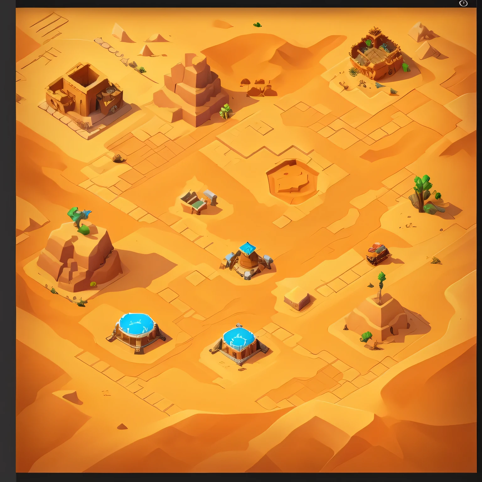 Game screen desert scene close-up, Isometric 2D game art, Isometric game art, Isometric drawing, desert environment, mobile game art, Isometric game assets, mobile game assets, Detailed game art, desert city, mobile game background, Detailed game art illustration, city in desert, sand and desert environment, Game UI asset design,The ground is simple,2D gameplay style