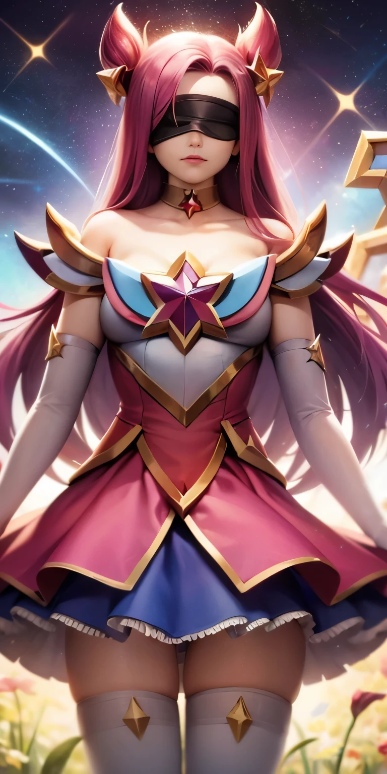 （masterpiece、need、Super exquisite、high resolution）），（romantic、Innocent、𝓡𝓸𝓶𝓪𝓷𝓽𝓲𝓬、adventure、Bold、Travel Elements），(white stockings, elbow gloves, hair accessories, skirt, Star \(symbol\), collar, Star guardian \(League of Legends),背景flower田，flower，night，meteor shower