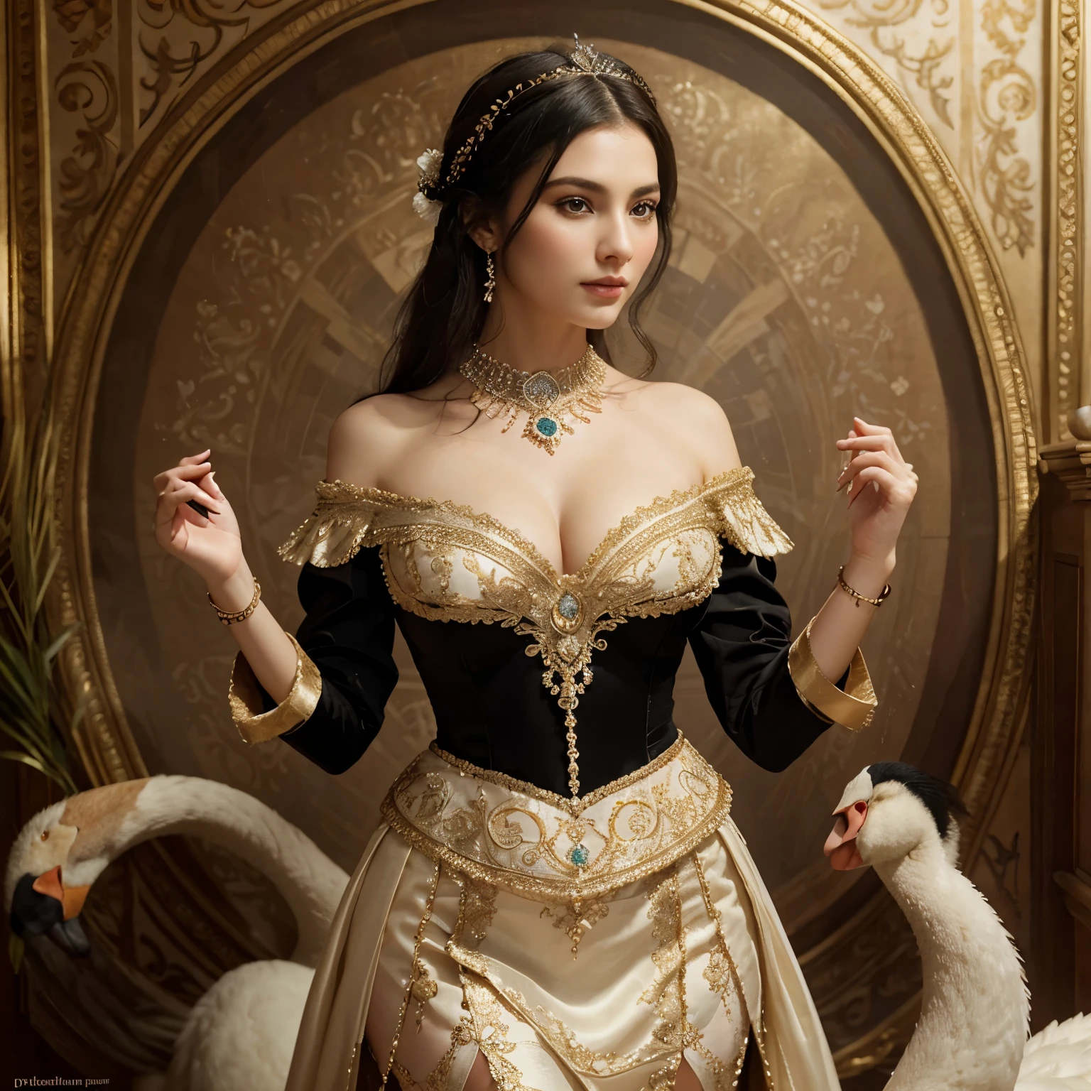 As graceful as a swan,Beautiful face,Charming eyes,Black hair,Exquisite jewelry,Exquisite clothing and hair accessories,Antique costumes,Charming,ellegance,(Masterpiece:1.2), Best quality, Masterpiece, Original, extremelydetailedwallpaper, Perfect lighting,(Extremely detailed CG:1.2)