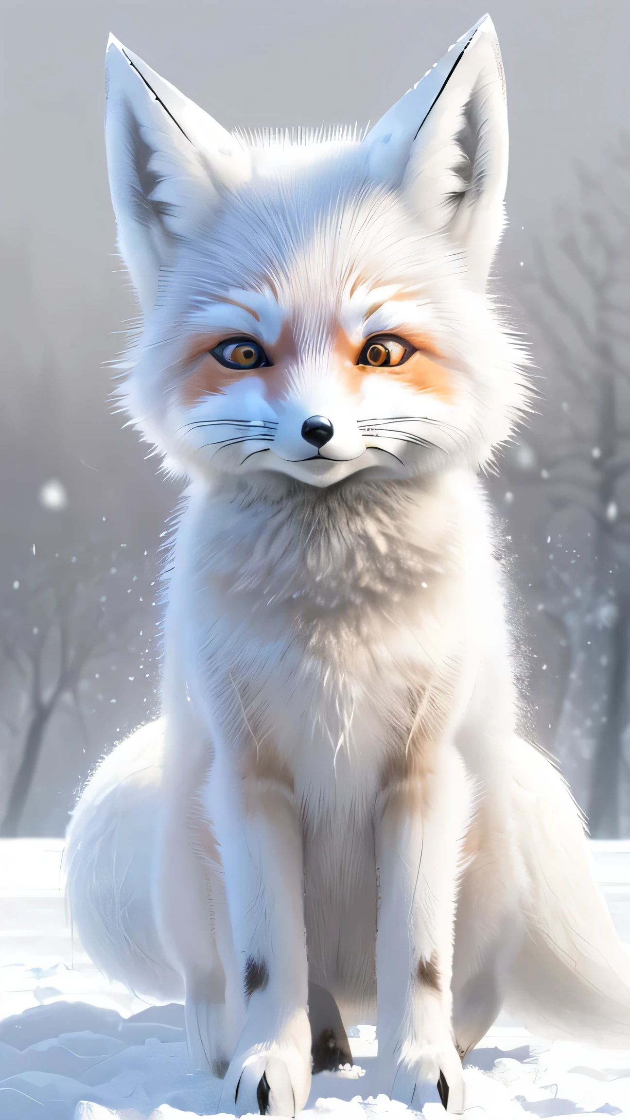 ((white fox:1.4)),((pure white:1.4)),fat fox, masterpiece, highest quality, 8k, High resolution, photograph, film grain, chromatic aberration, HDR, dynamic lighting,((View from the front:1.4)), ((faced the front:1.4)), sparkling background, (gray background:1.4), most detailed, very detailed, Super detailed, finely, (big pupil, realistic student:0.8), cute fox, A smiling fox, in the forest, laughing fox, So cute, ((look forward:1.4)), ((whole body)), ((Little fox:1.4)), ((Children's fox:1.4)),((in the snow:1.4)),(Big eyes:1.4))