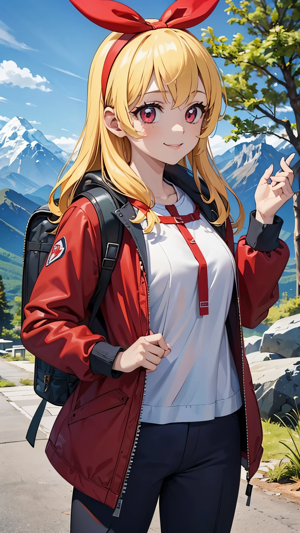 8k,RAW photo,best quality, masterpiece,ultra high res, photorealistic,super fine illustration,ultra detail,dramatic lighting,best shadow,perfect anatomy,upper body,wide shot, dynamic angle,look at viewer,
1 girl, beautiful face and eyes,beautiful skin,pretty idol women,smile, medium_breasts,Blonde hair,(RED Ribbon on HAIRband:1.2),shiny skin,slim body,
(beautiful mountain:1.6), (hiking:1.4), (colorful mountain parka:1.1),trekking pants,backpack,outdoor,nature,