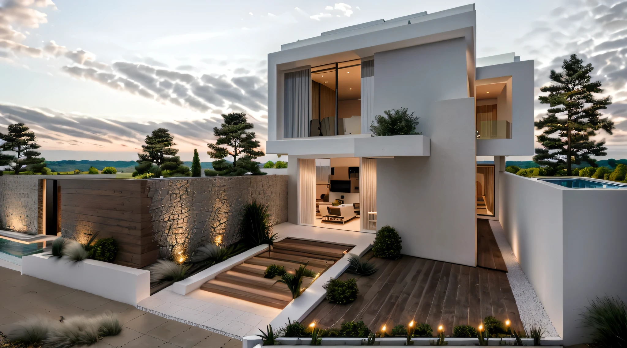 Photo brute,chef-d&#39;artwork, High quality, best quality, authentique, Great detail, Outside,  une villa de style moderne à la campagne , (Lignes minimalistes modernes:1.2),(mur blanc:1.1), garde-corps en verre, glass windows,des arbres, herbe, ((coucher de soleil)), ciel, architecture quotidienne,Three floors, Concrete wall,couleur vive (Very detailed :1.2), 8k UHD, digital SLR, soft lighting, High quality, grain de film, Fujifilm XT3
