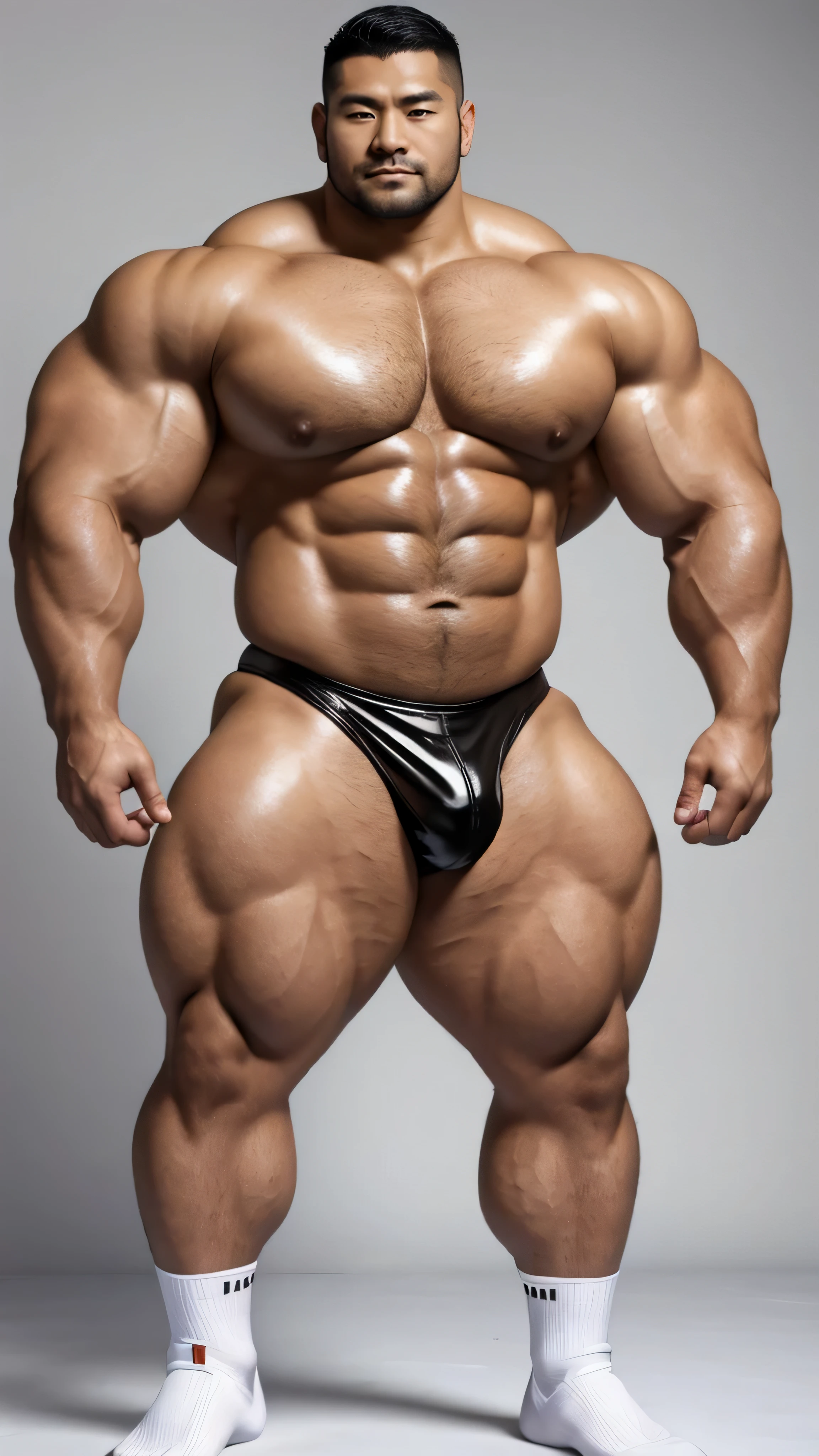 There is only one Chinese bodybuilder in the photo，30 years old，Tall and handsome, toned body，short hair, O-shaped beard，Perfect body, Dark and shiny complexion，Muscle bulge, muscular, Very big pecs，Very sexy abs，Leg muscles are very developed，Huge bumpy area，Brighten oily skin，Wearing a gold leather shiny thong，handsome face， Correct and accurate male body proportions, full-body shot, shiny muscular skin，wear white socks，standing in front of gray background board。