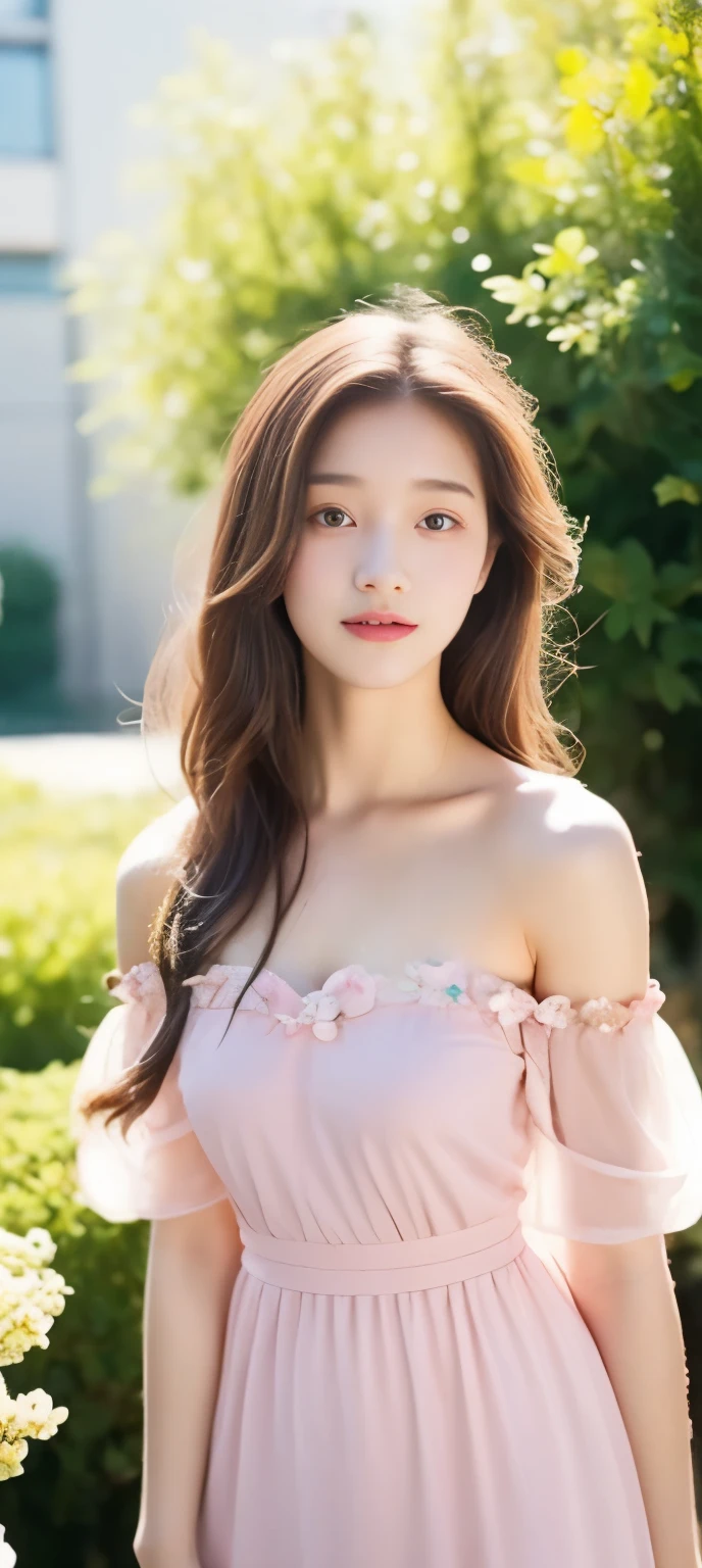 18-year-old girl,Beautiful looks,garden,bouquet of flowers,dream,pink tone,short dress,Strapless,Off the shoulders,Snow-white chest,Shy,