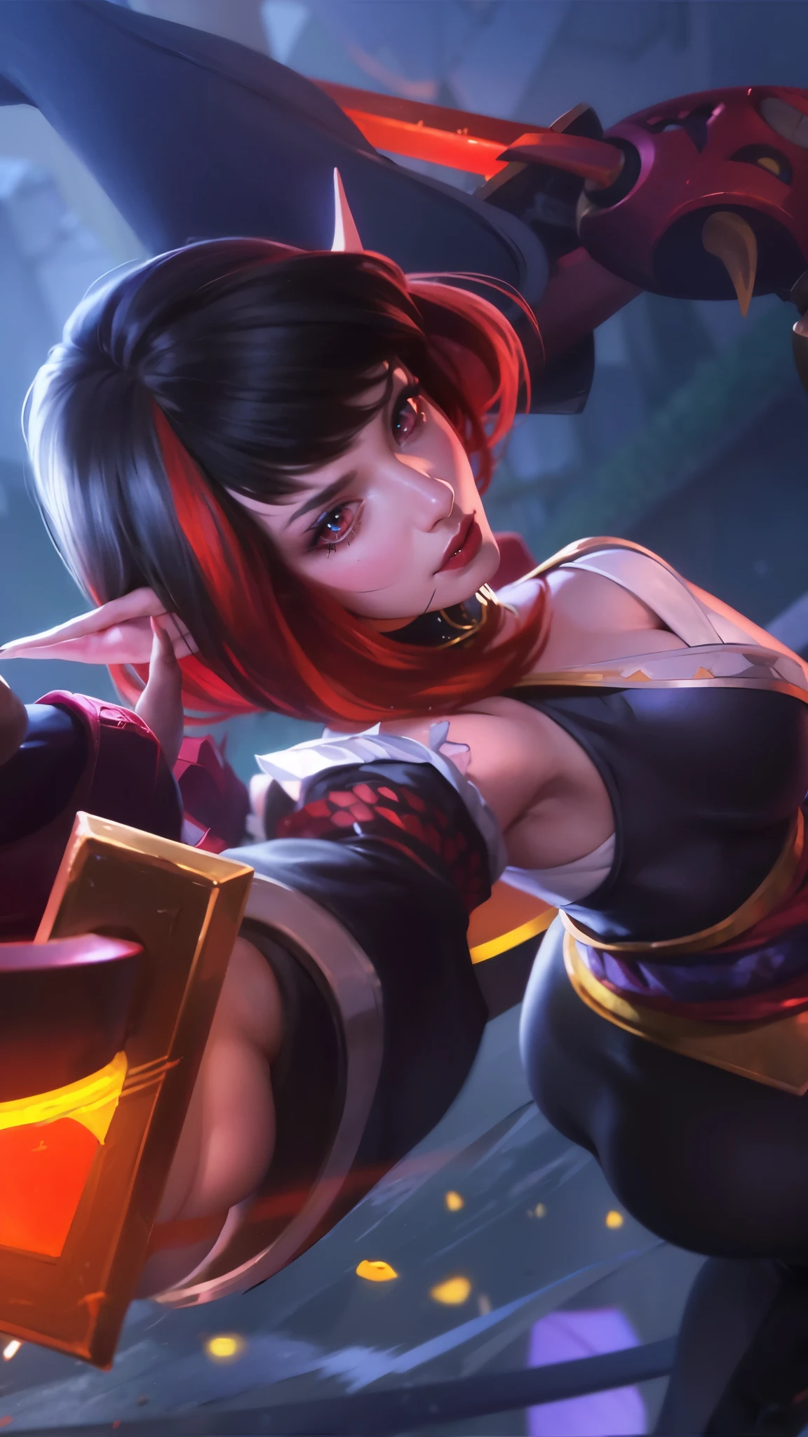 (female:1.2), 8k, ultra hd, ultra detailed texture, hyper realistic, masterpiece, detailed texture, detailed face, detailed skin, detailed lighting, (photorealistic:1.5), best quality, beautiful lighting, cinematic lighting, professional lighting, ultra highres, realistic, detailed hair, real hair, high quality, (realskin:1.5), extremely detailed, finely detail, ultra-detailed, 1girl, solo, elf, pointy ears, standing, demon horns, forehead protector, (red eyes:1.5), v-shapped eyebrow, lips, red lips, evil smile, nose, make up, pretty, beautiful, cute face, long hair, blue hair, high ponytail, large breasts, cleavage, armpit, navel, stomach, black armor, pauldrons, bare shoulders, shoulder armor, thigh high, sleevless, detached sleeves, breastplate, gauntlets, karina \(mobile legends\), depth of field, looking aways, white skin, skin tight, amazing pose, outdoors, glowing, dark view.