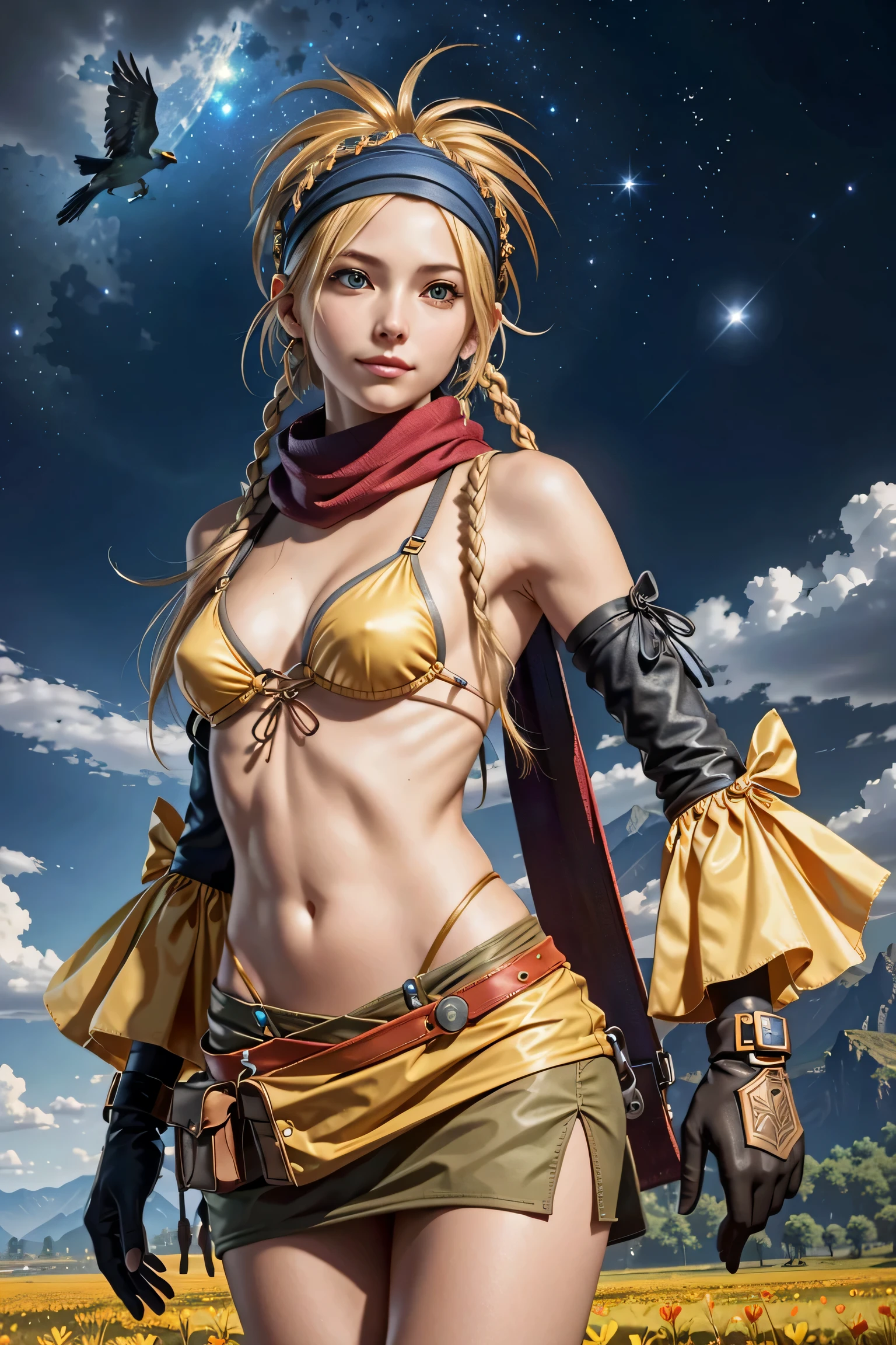 (masterpiece, highest quality:1.3)
backpack ff10,  1 girl, alone, long hair, chest, skirt, blonde hair, hair ornaments, gloves, belly button, green eyes, swimsuit, Braid, bikini, removed sleeve, miniskirt, fingerless gloves, scarf, head band, bird, bikini top only, @_@, yellow bikini, blue head band,super high quality,super high quality,masterpiece,digital single lens reflex,realistic,Detailed details,vivid details,depicted in detail,detailed face,Detailed details,Super detailed,realistic skin texture,based on anatomical basis,perfect anatomy,anatomically correct hand,anatomically correct fingers,Complex 3D rendering,sexy pose,beautiful yellow tulip field,Final Fantasy Worldview,Fantastic night view,fantastic night sky,beauty like a painting,smile,enchanting beauty,phantom river,