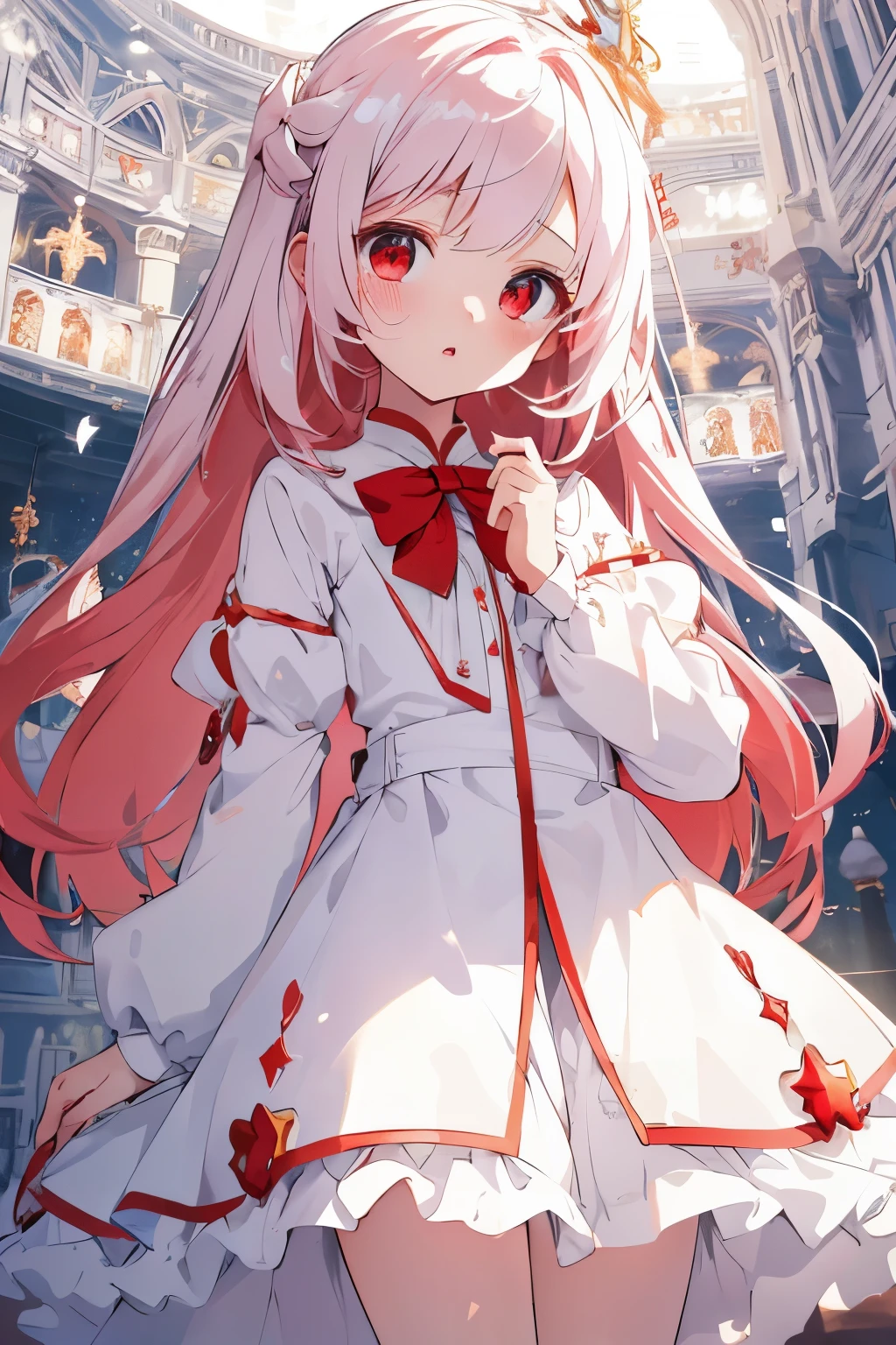 Beautiful illustration, best quality, cute ****** girl, (transformation sequence), Magical girl transformation, chibi, white magical girl, Fractal art, Albinism, *********, Pure white and red mesh long hair, Beautiful and detailed red eyes, light, Cowboy shooting, looking at the audience, started from the bottom, happy