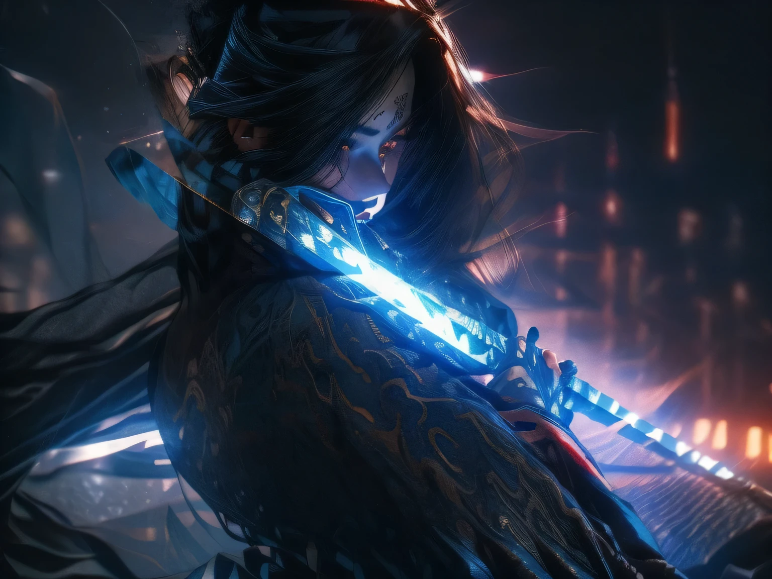 elaborate and intricate post apocalyptic scene with city in ruins. 1girl, dark blue ninja warrior, very long black hair. hair over 1 eye, wearing a hood and mask. large glowing blue eyes. sword. stalf. action shot, high quality, wallpaper, dynamic pose, cinematic lighting, 8k, moody, lightning