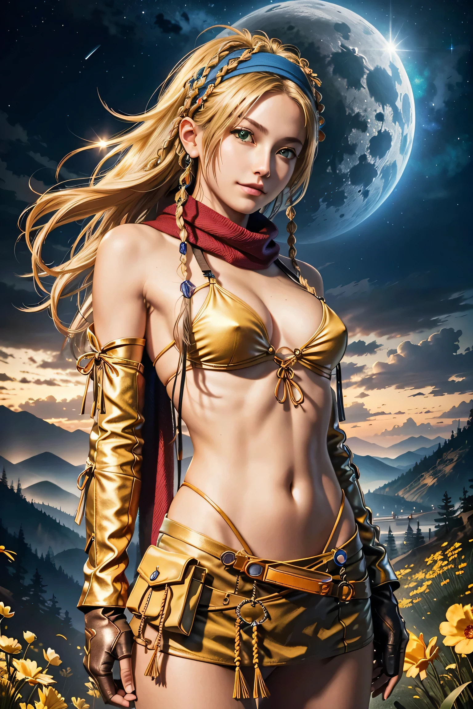 (masterpiece, highest quality:1.3)
backpack ff10,  1 girl, alone, long hair, chest, skirt, blonde hair, hair ornaments, gloves, belly button, green eyes, swimsuit, Braid, bikini, removed sleeve, miniskirt, fingerless gloves, scarf, head band, bird, bikini top only, @_@, yellow bikini, blue head band,super high quality,super high quality,masterpiece,digital single lens reflex,realistic,Detailed details,vivid details,depicted in detail,detailed face,Detailed details,Super detailed,realistic skin texture,based on anatomical basis,perfect anatomy,anatomically correct hand,anatomically correct fingers,Complex 3D rendering,sexy pose,beautiful yellow tulip field,Final Fantasy Worldview,Fantastic night view,fantastic night sky,beauty like a painting,smile,enchanting beauty,phantom river,