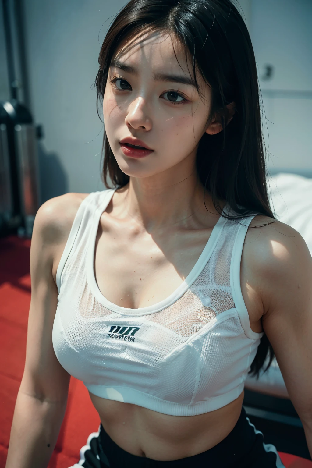 Masterpiece, highest quality, high resolution, solo presentation, beautiful Korean girl wearing a gym outfit consisting of a white sports bra and 10cm shorts. Close-up of him, resting from fatigue, his whole body glistening with sweat. Sexy, alluring physique, voluptuous breasts, seductive waistline. Tired face, panting softly, exuding an irresistible sex appeal. (Authentic skin texture:1.3), (film grain:1.3), close-up framing.