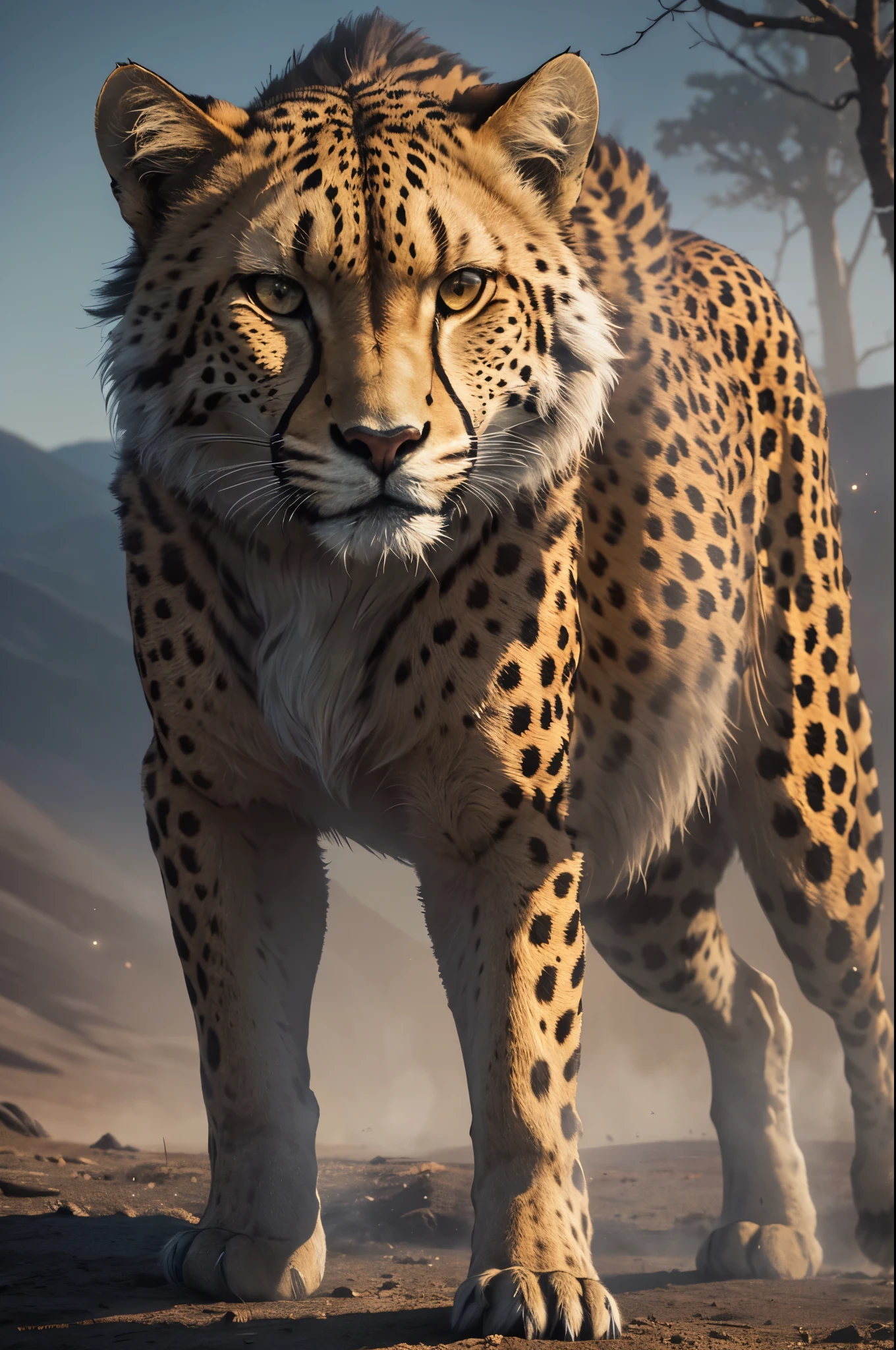 ((granularity, hips, Light particles ,Dust, Extreme camera angle)), Cheetah, Leader of the Pack, Alpha male, wool, A Proud Position, piercing eyes, Majestic presence, Feeling of power, desert, Moon Forest, Howl, Packaging dynamics, Unity, loyalty, predominance, gaze, Ferocious and fearless, Strong and muscular, Protective Instincts, Predator, camouflage, Natural Habitat, savannah landscape, Silent footsteps, Imperceptible movements, Symphony of Nature, Indomitable Beauty, An Unattached Spirit, wild & For free, wild nature, Ancient Wisdom, Primal Instincts, Leader of the Pack, mysterious aura, Team presence, Domination in Nature, Strength in Unity, The strongest survives, Embodiment of the power of nature, Fearlessness in the face of adversity, Indomitable Will, Harmonious coexistence, Fierce Devotion, A Connection to wildlife, Forest Keeper, Lord of the Night. (Best quality,4k,8K,A high resolution,Masterpiece:1.2),ultra detailed,(Realistic,фотоRealistic,фотоRealistic:1.37), Mesmerizing lighting, Bright colors, surreal atmosphere.