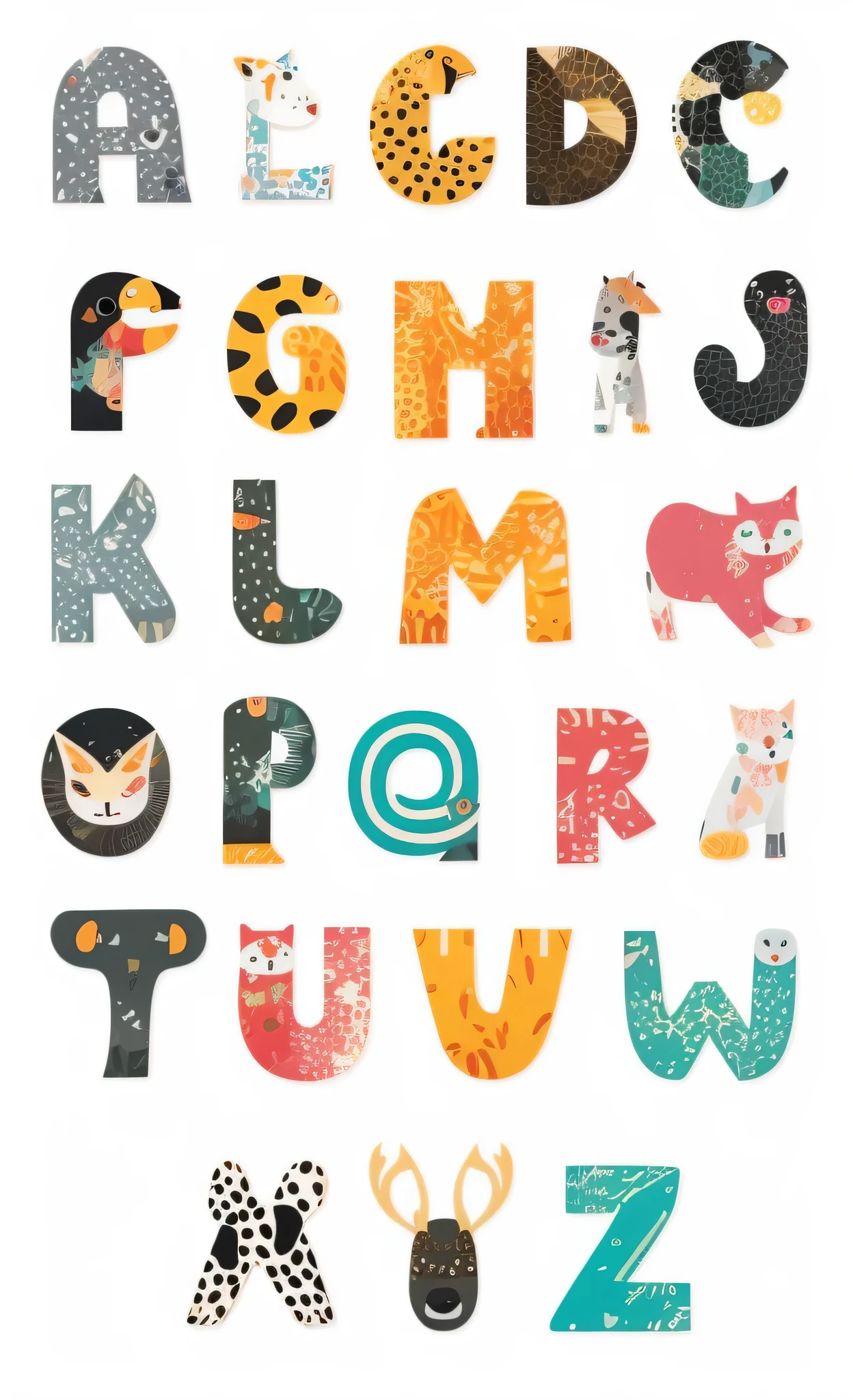 a close up of a number of animals with a white background, letters, stickers illustrations, detailed letters, funny jumbled letters, uppercase letter, bubble letters, sticker illustration, illustrations of animals, cute pictoplasma, by Paul Bird, kids book illustration, stickers, cute illustration, letter a, childrens illustration, by Helen Berman, adorable design, letter s