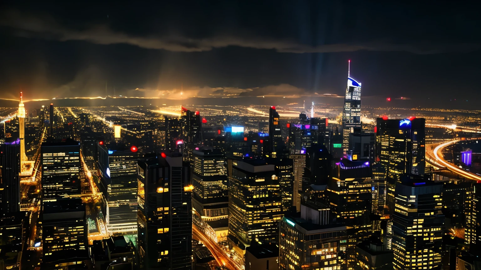 City Skyline at Night: A city skyline illuminated by twinkling lights, with skyscrapers reaching into the dark sky.