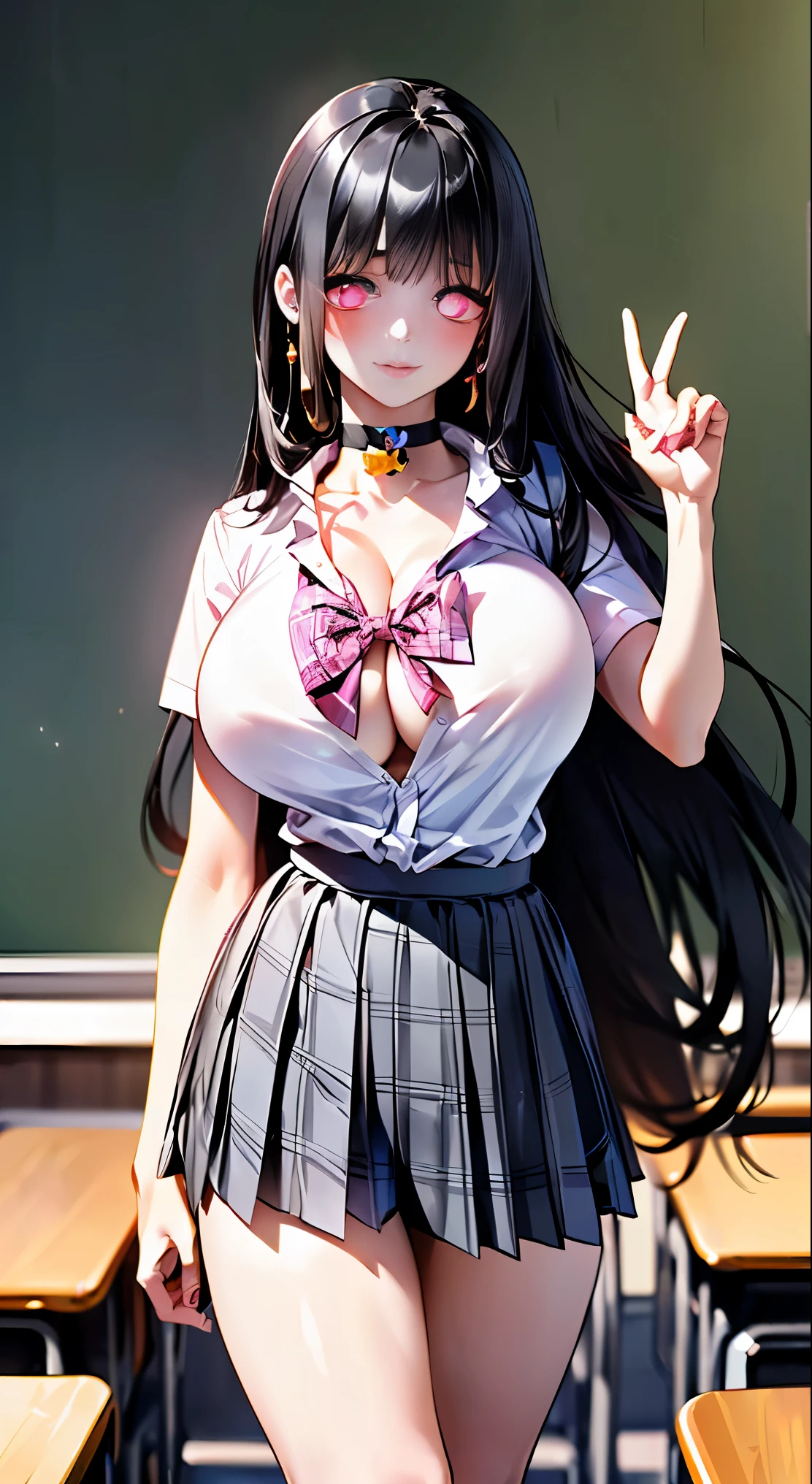 (masterpiece:1.2, highest quality), (realistic, photorealistic:1.4), beautiful illustrations,
looking at the viewer, whole body, Front view:0.6,
1 girl, Japanese, high School girl, ((long hair:1.5, black hair princess cut:1.9)), ((narrow and sharp eyes:1.9, Pink glowing eyes:1.5)), (big breasts:1.8),
beautiful hair, beautiful and detailed eyes, beautiful clavicle, beautiful breasts, beautiful thighs, beautiful feet, beautiful fingers,
(classroom), , School,
((collared short sleeve shirt, white shirt, , Grey plaid pleated skirt, blue plaid bow tie, choker)),
(Are standing, grab the hem of the skirt, hand between legs),
blush