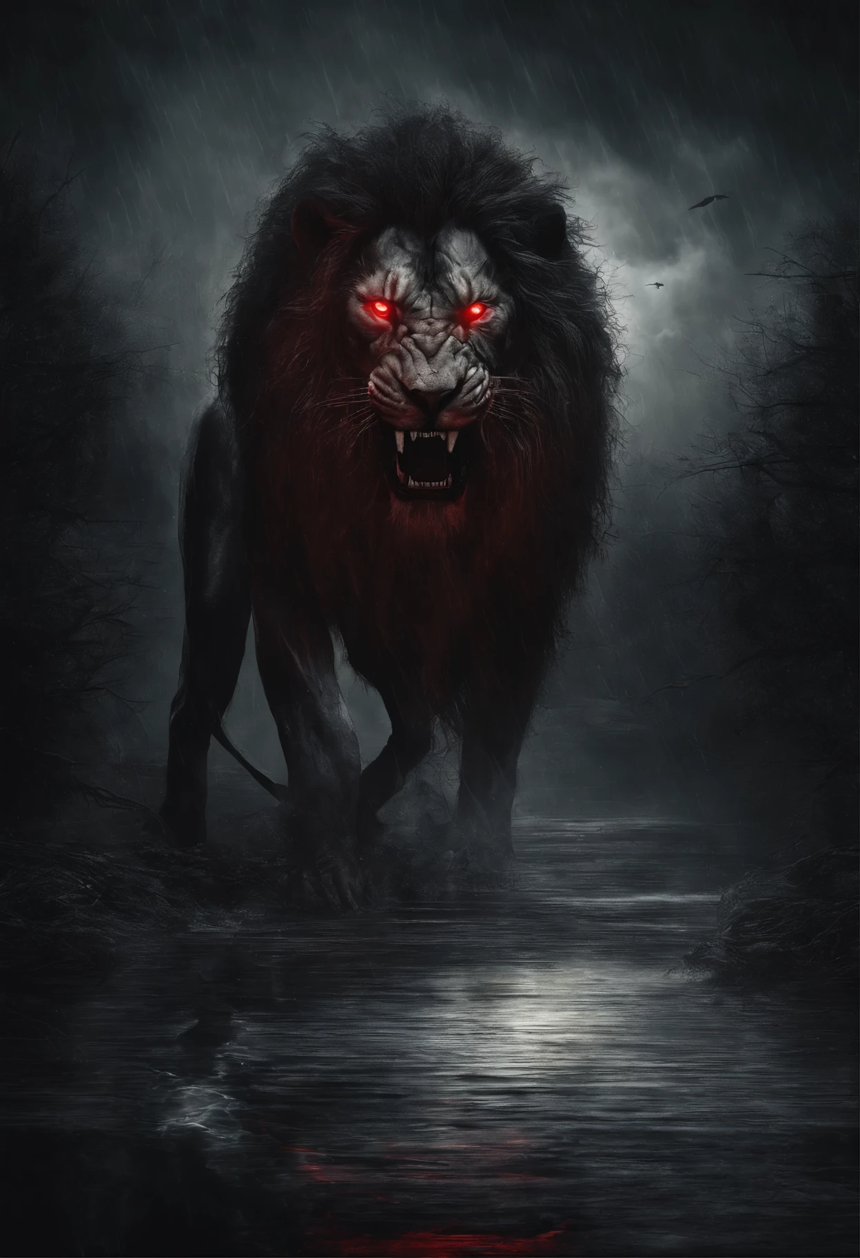 Jour de pluie, Evil Light, lion by the river, Yeux rouges brillants, Lueur malveillante, best quality, dessus de la table