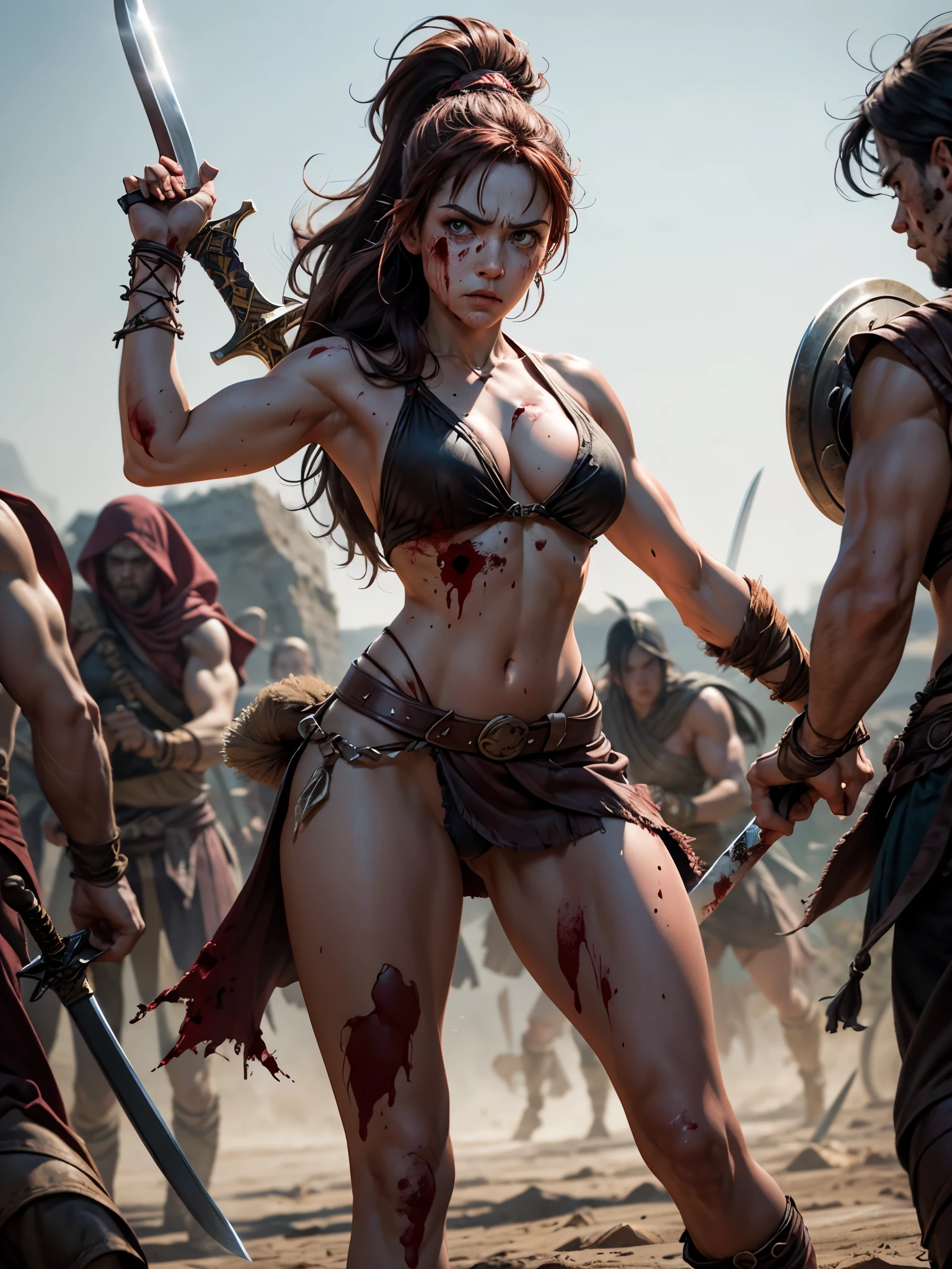 Conan-style female barbarian ultra details with sword in hand standing looking at me bloodied in battle