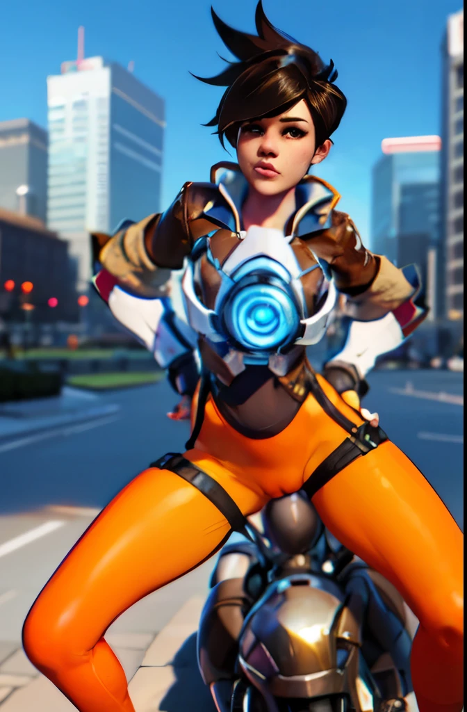completely naked, main tits, Rides on a phallus , vpgina,dark art, thick outlines, comics, Photorealistic, perfect hands, Masterpiece:1.2, city, blue sky, 1 girl, One, wide hips, Cute pose, tracer, Brown hair, brown bomber jacket, chest harness, bracers, orange bodysuit, orange leggings, short hair, Brown eyes, , detailed background, detailed face, detailed eyes,
