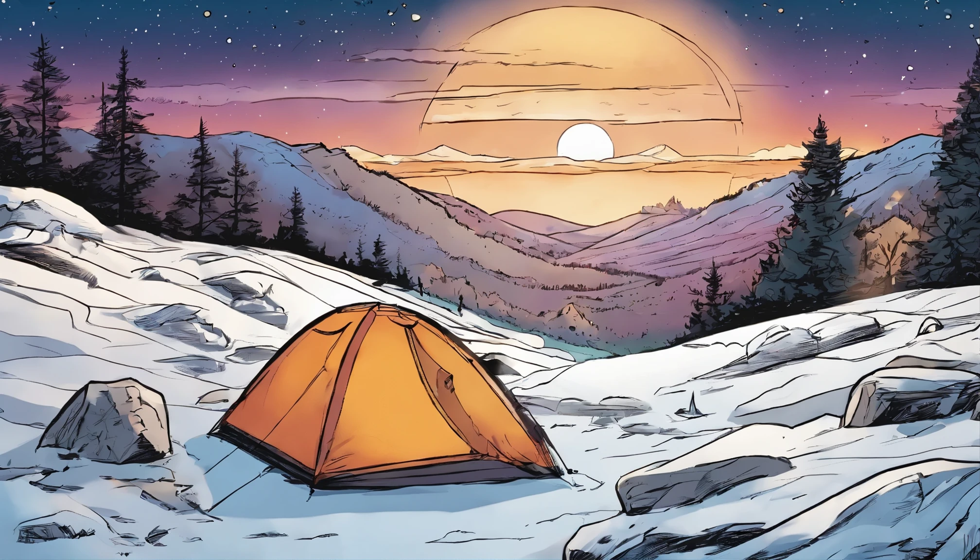 the view at the top of the mountain is camping at night and lots of stars. 