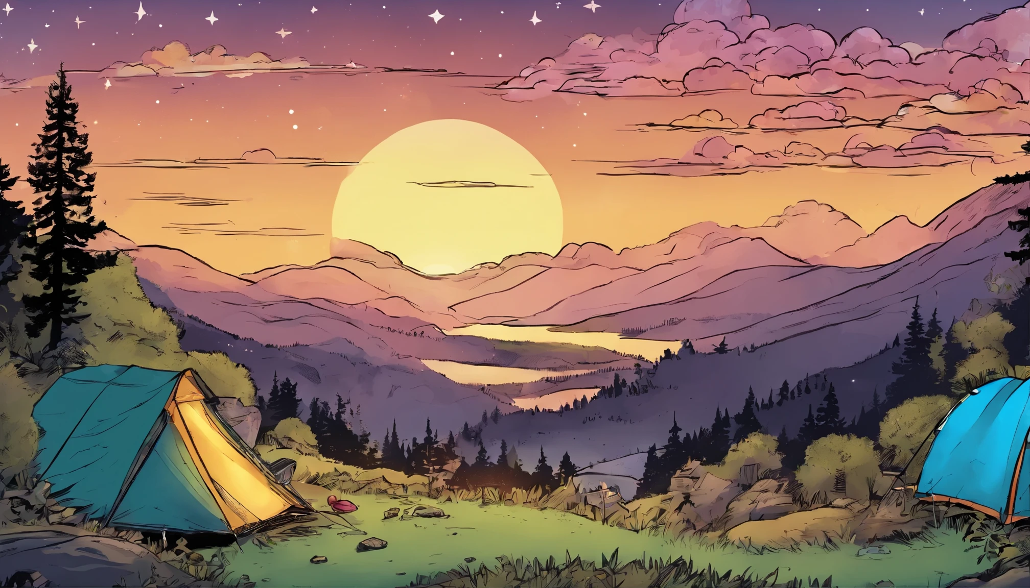 the view at the top of the mountain is camping at night and lots of stars. 