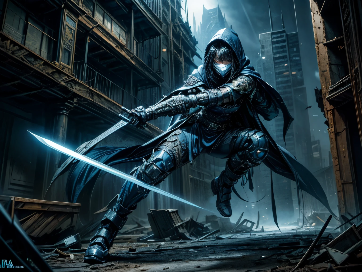 elaborate and intricate post apocalyptic scene with city in ruins. 1girl, dark blue ninja warrior, very long black hair. hair over 1 eye, wearing a hood and mask. large glowing blue eyes. sword. stalf. jumping action shot, high quality, wallpaper, dynamic pose, cinematic lighting, 8k,
